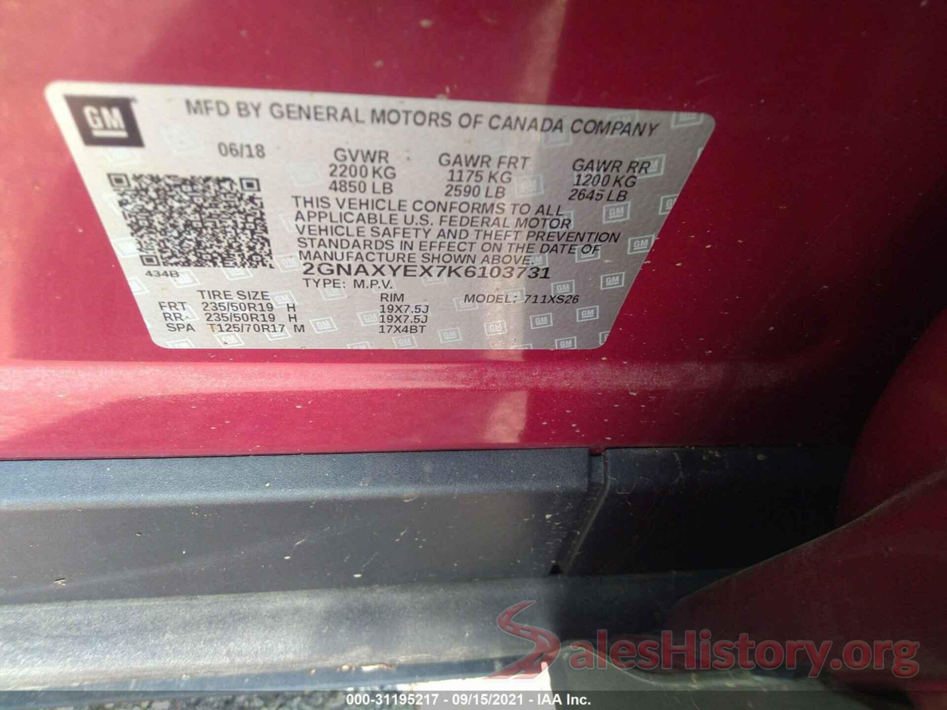 2GNAXYEX7K6103731 2019 CHEVROLET EQUINOX