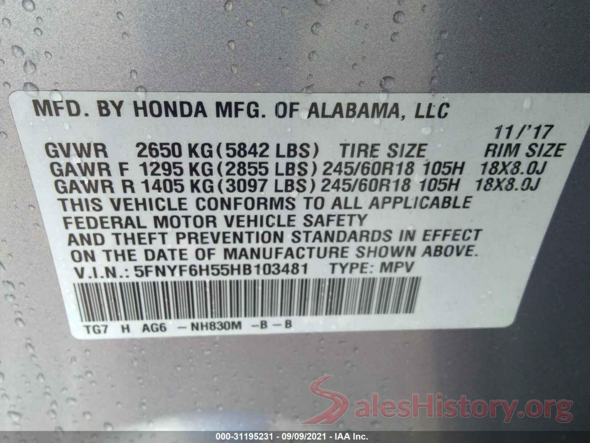 5FNYF6H55HB103481 2017 HONDA PILOT