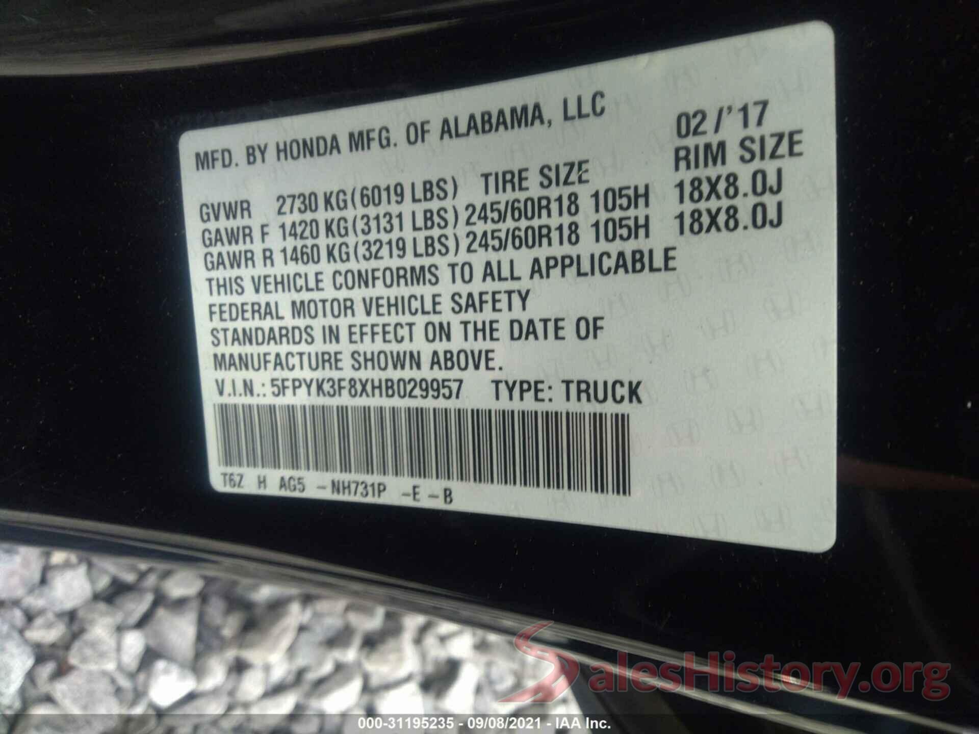 5FPYK3F8XHB029957 2017 HONDA RIDGELINE