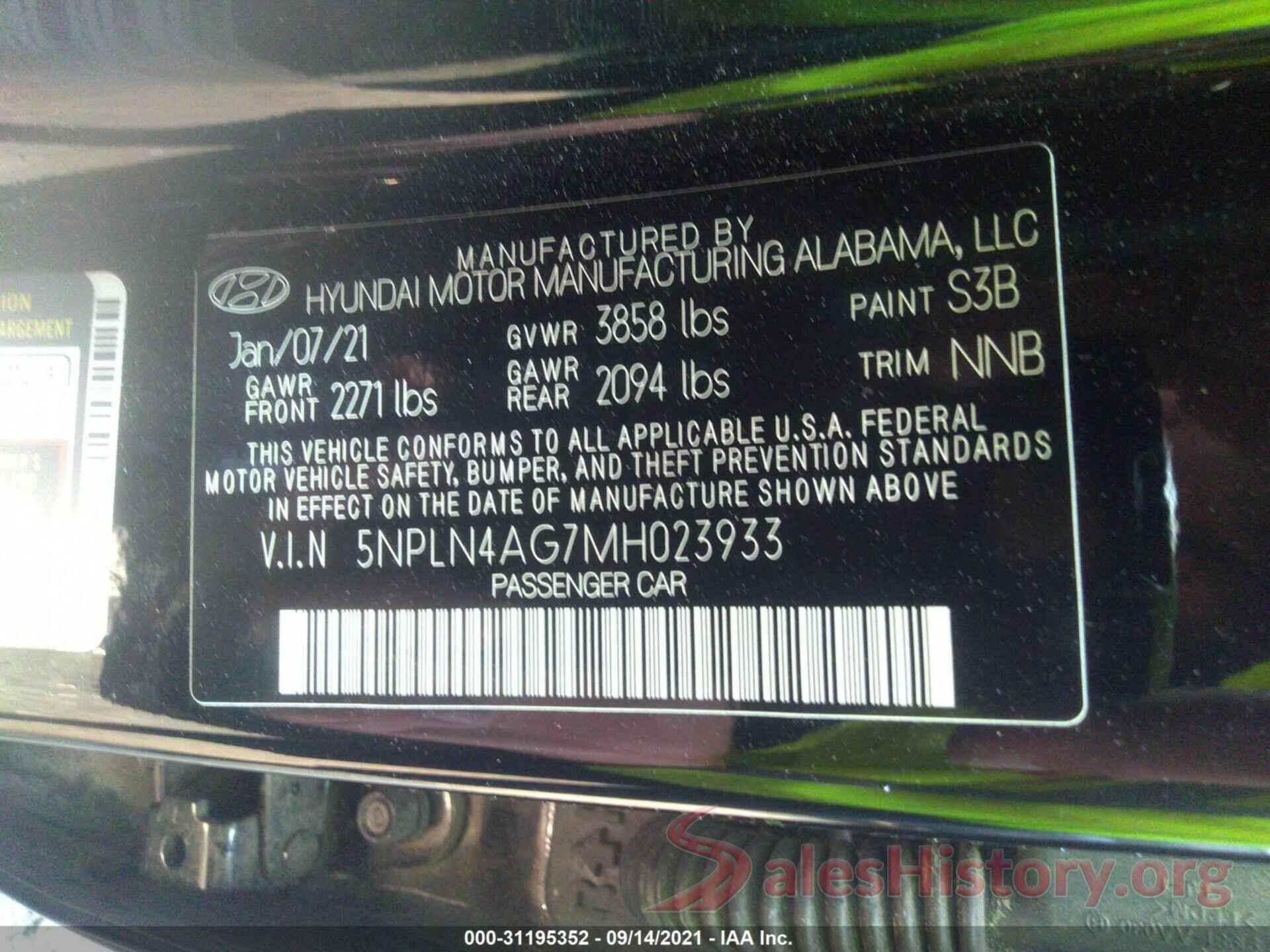 5NPLN4AG7MH023933 2021 HYUNDAI ELANTRA