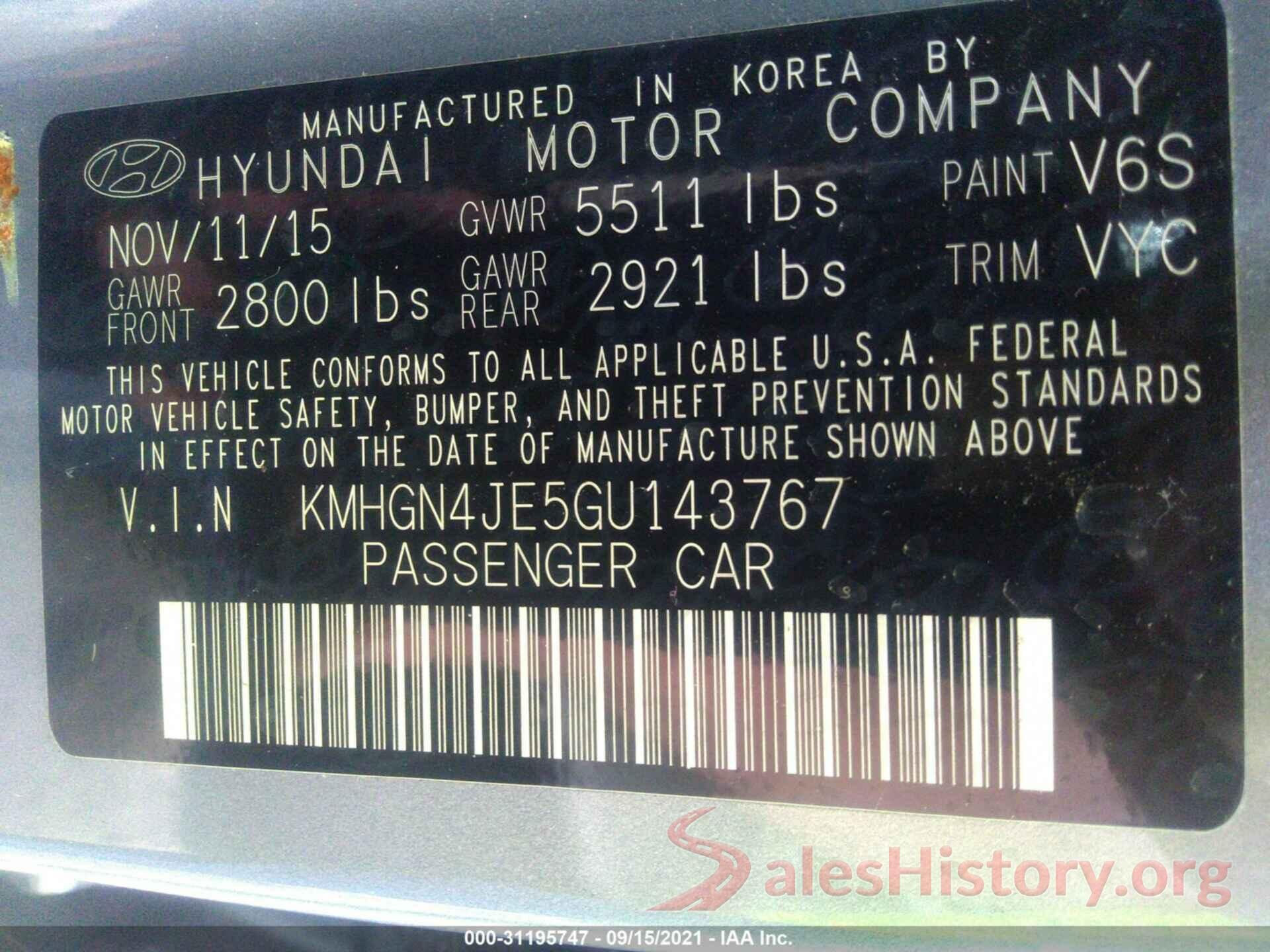 KMHGN4JE5GU143767 2016 HYUNDAI GENESIS