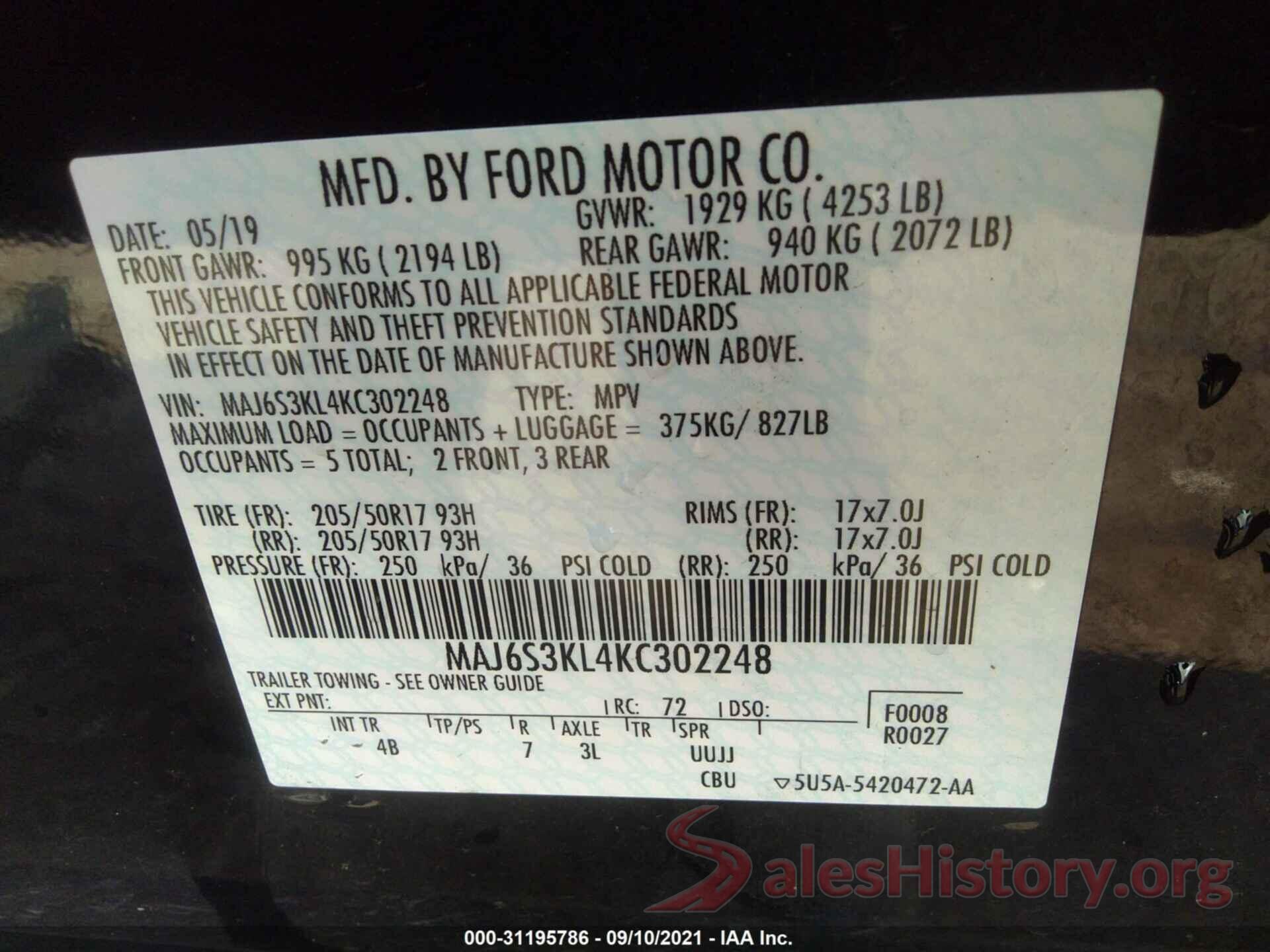 MAJ6S3KL4KC302248 2019 FORD ECOSPORT