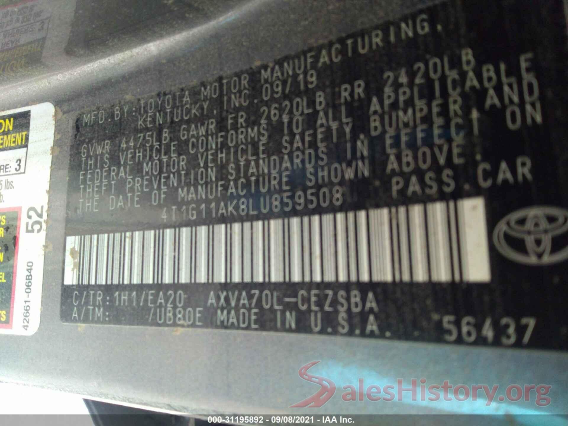 4T1G11AK8LU859508 2020 TOYOTA CAMRY