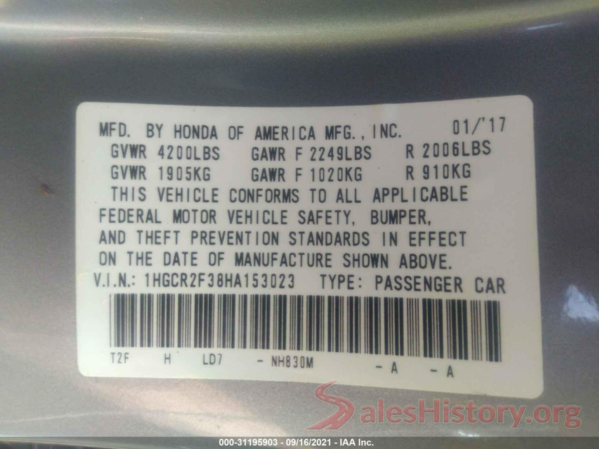 1HGCR2F38HA153023 2017 HONDA ACCORD SEDAN