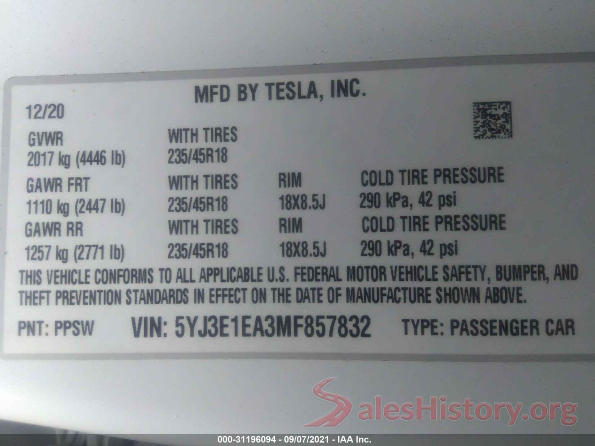 5YJ3E1EA3MF857832 2021 TESLA MODEL 3