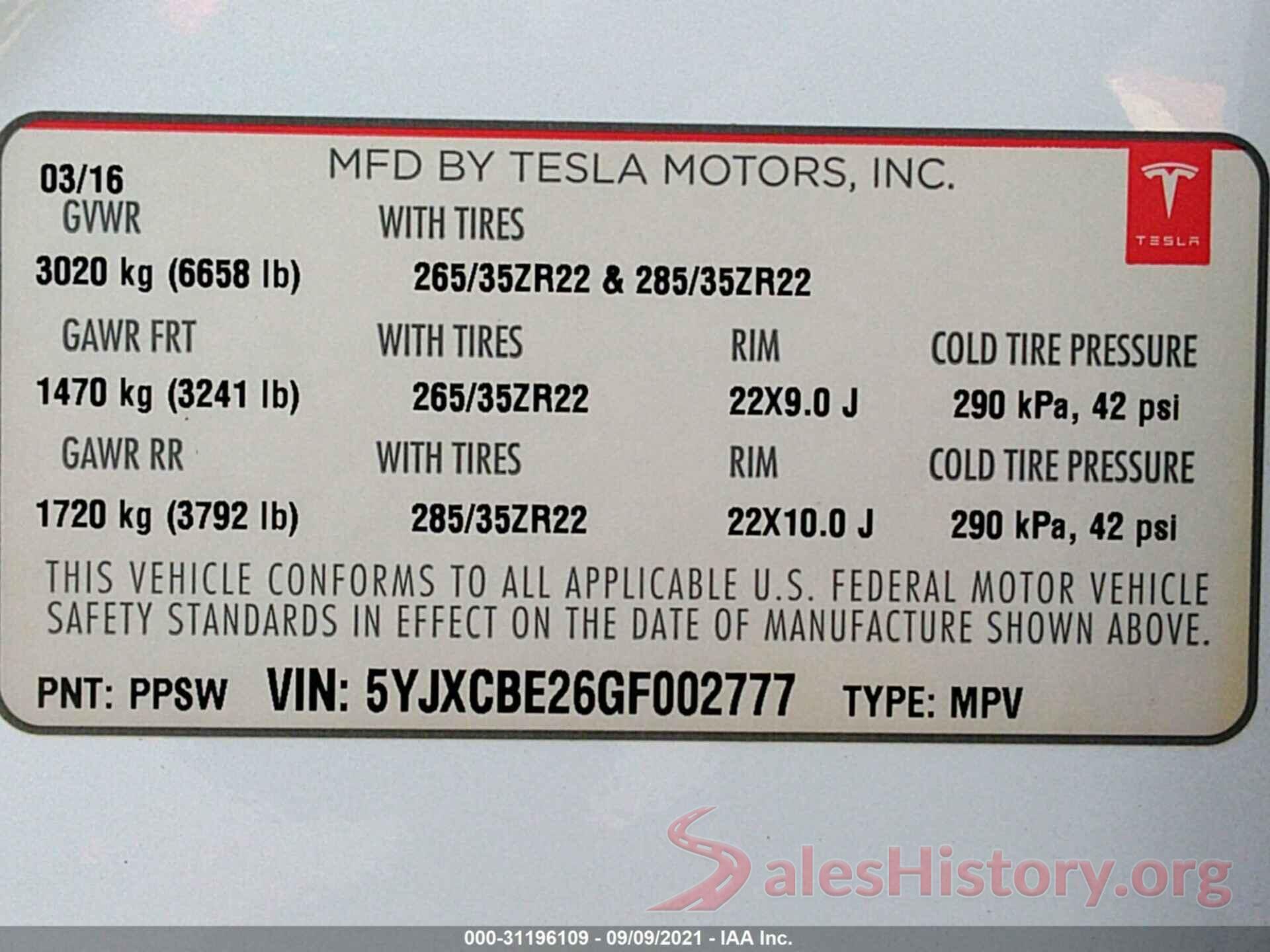 5YJXCBE26GF002777 2016 TESLA MODEL X