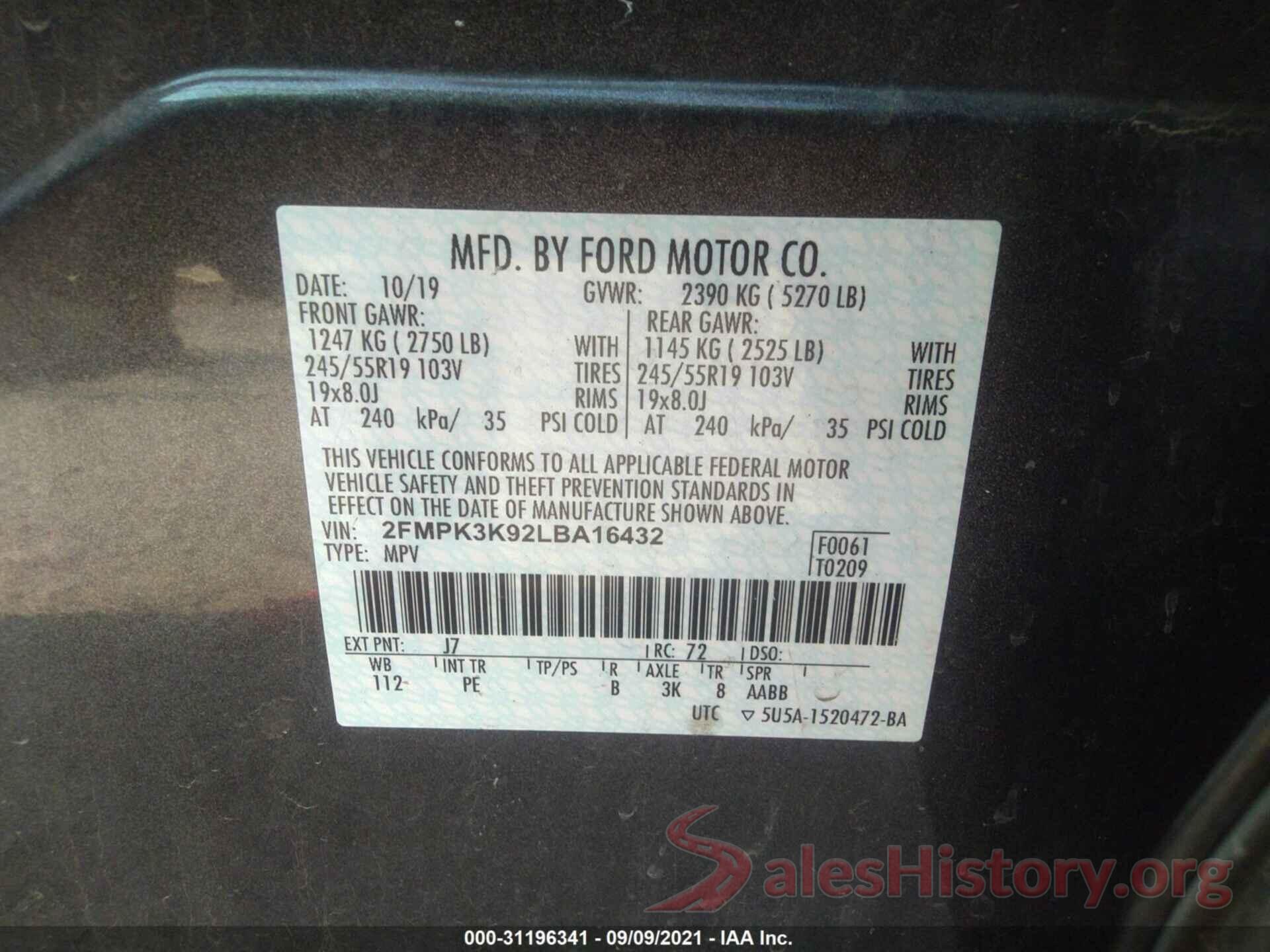 2FMPK3K92LBA16432 2020 FORD EDGE