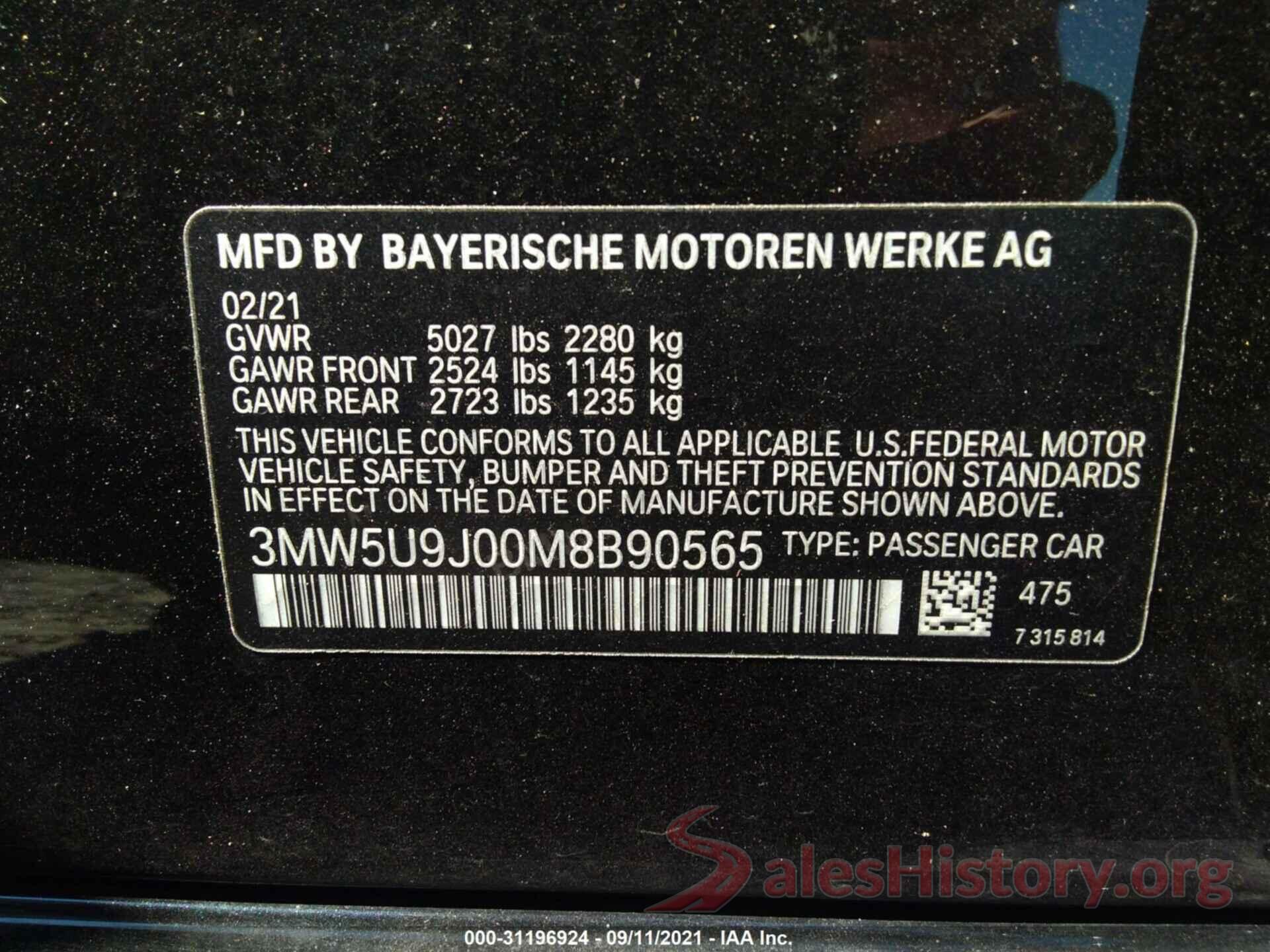 3MW5U9J00M8B90565 2021 BMW 3 SERIES