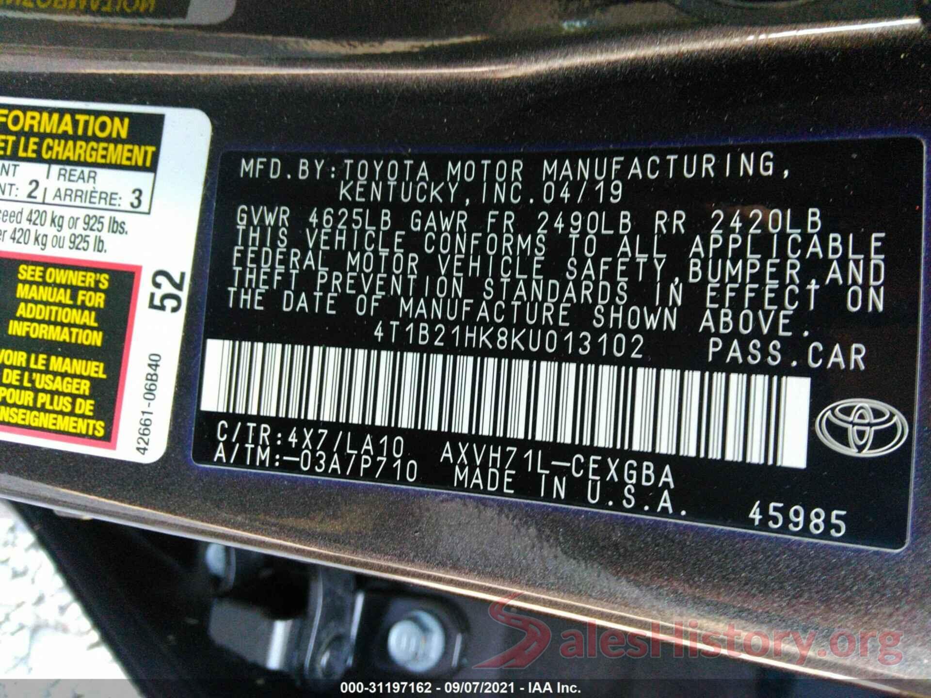 4T1B21HK8KU013102 2019 TOYOTA CAMRY