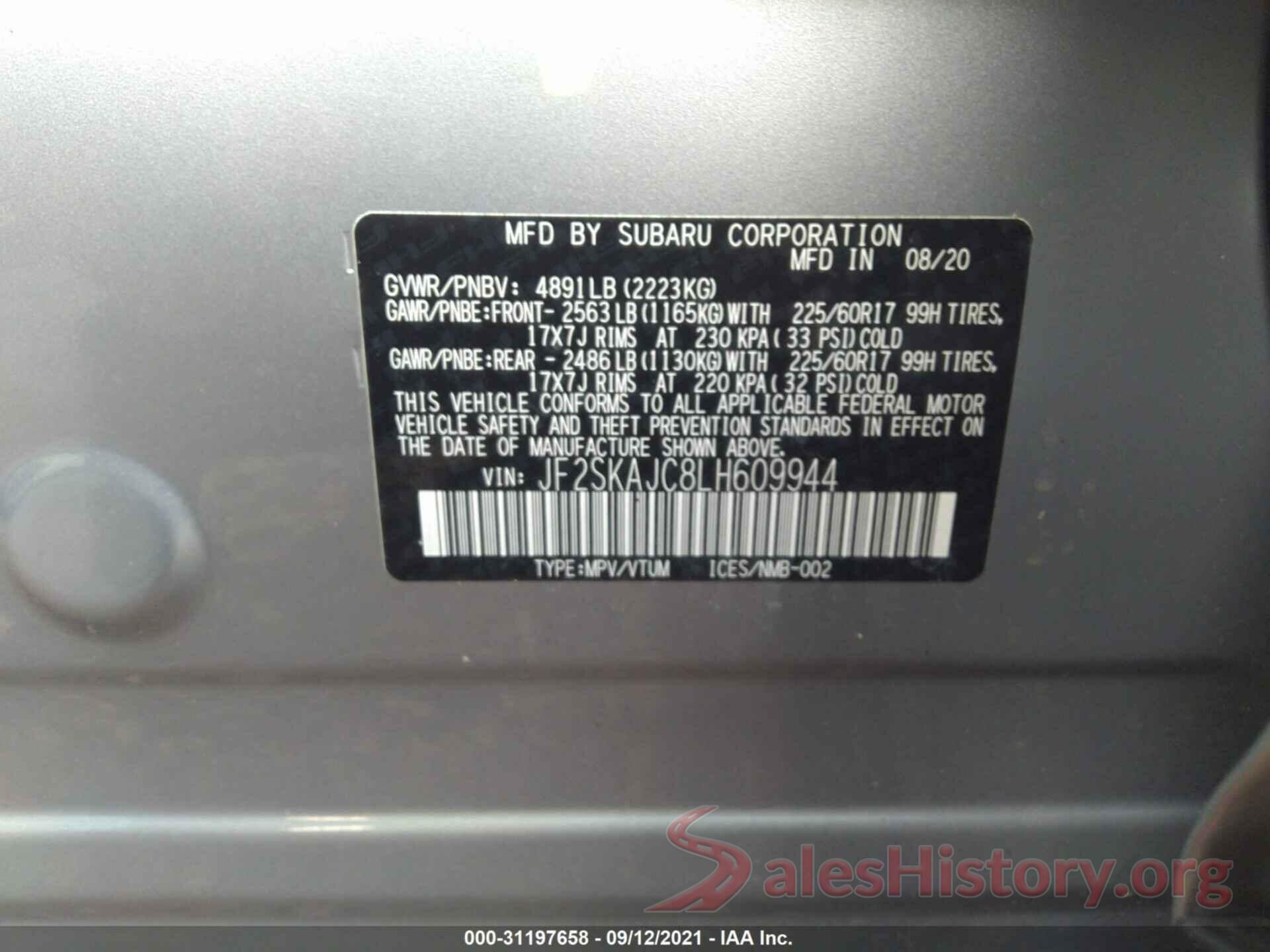 JF2SKAJC8LH609944 2020 SUBARU FORESTER