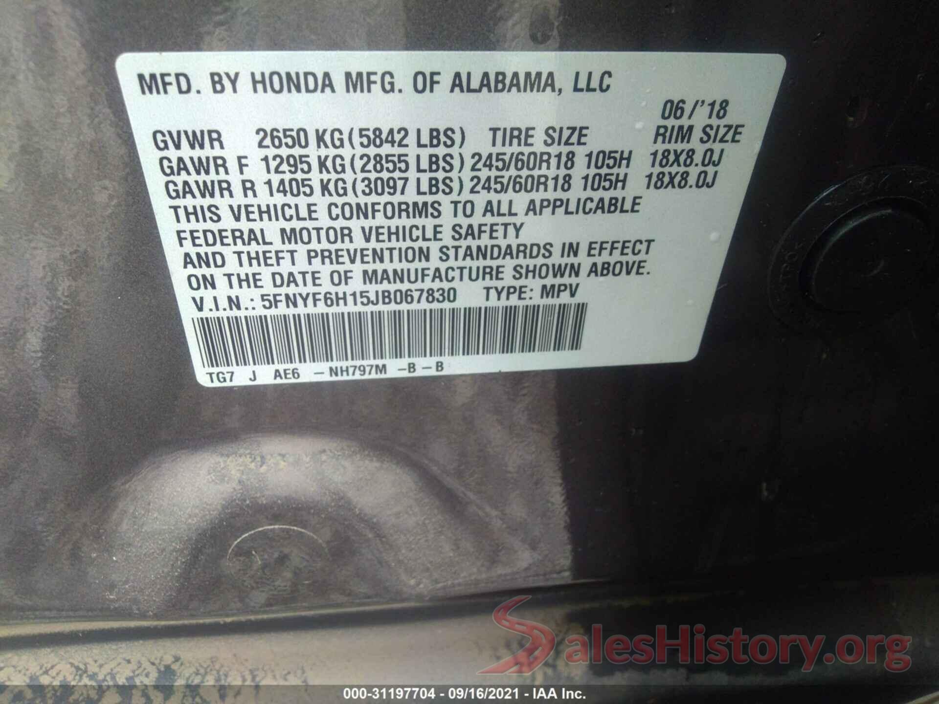 5FNYF6H15JB067830 2018 HONDA PILOT