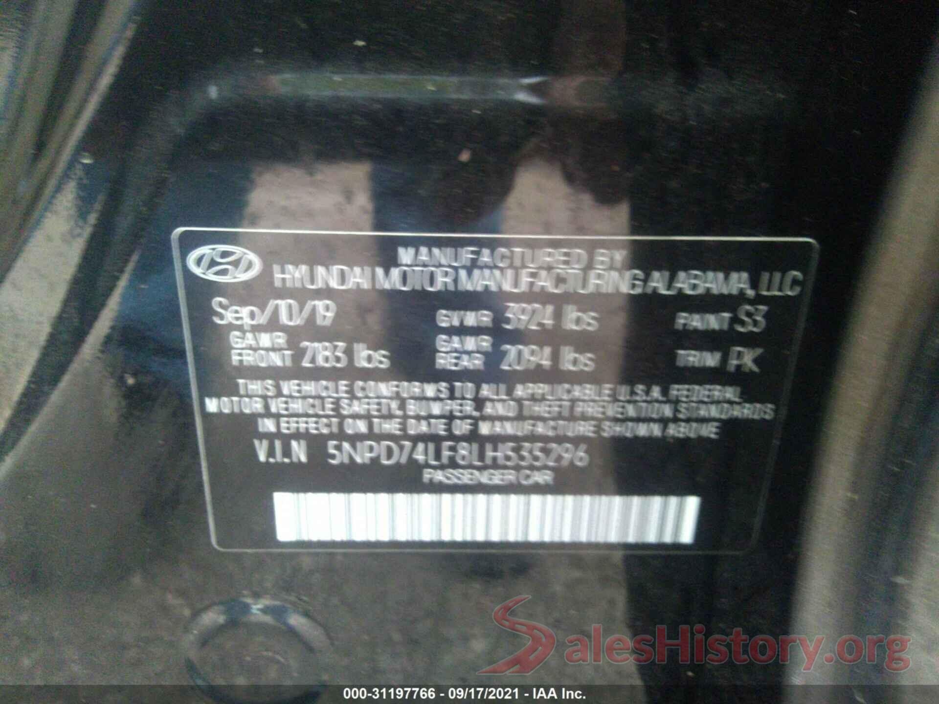 5NPD74LF8LH535296 2020 HYUNDAI ELANTRA