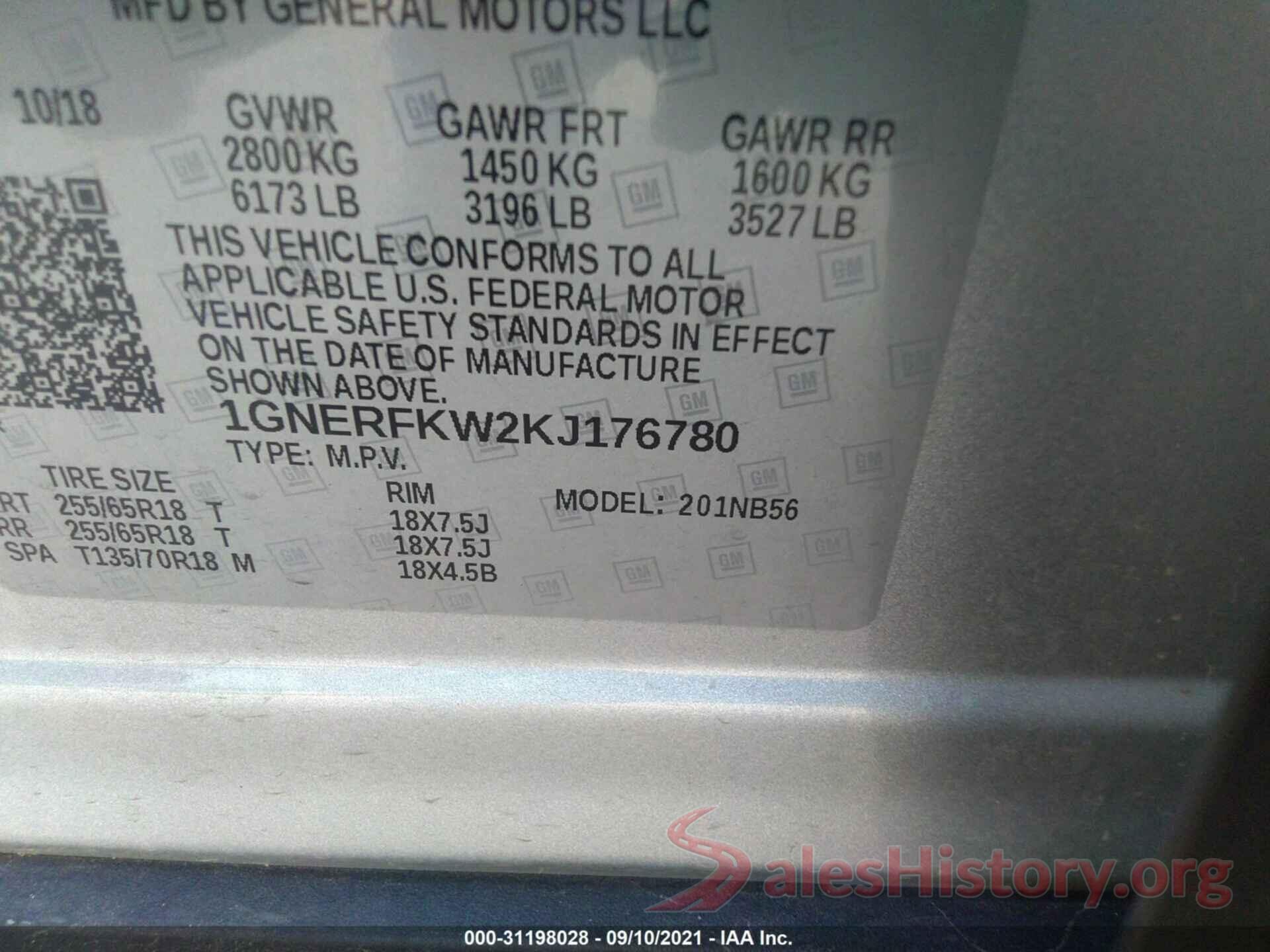 1GNERFKW2KJ176780 2019 CHEVROLET TRAVERSE