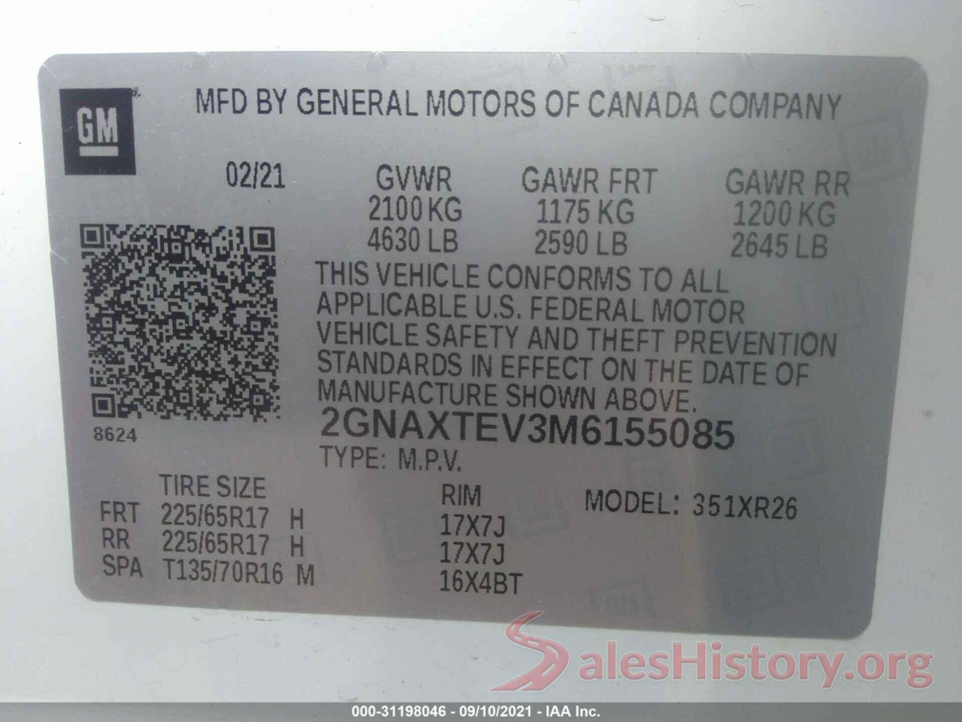 2GNAXTEV3M6155085 2021 CHEVROLET EQUINOX