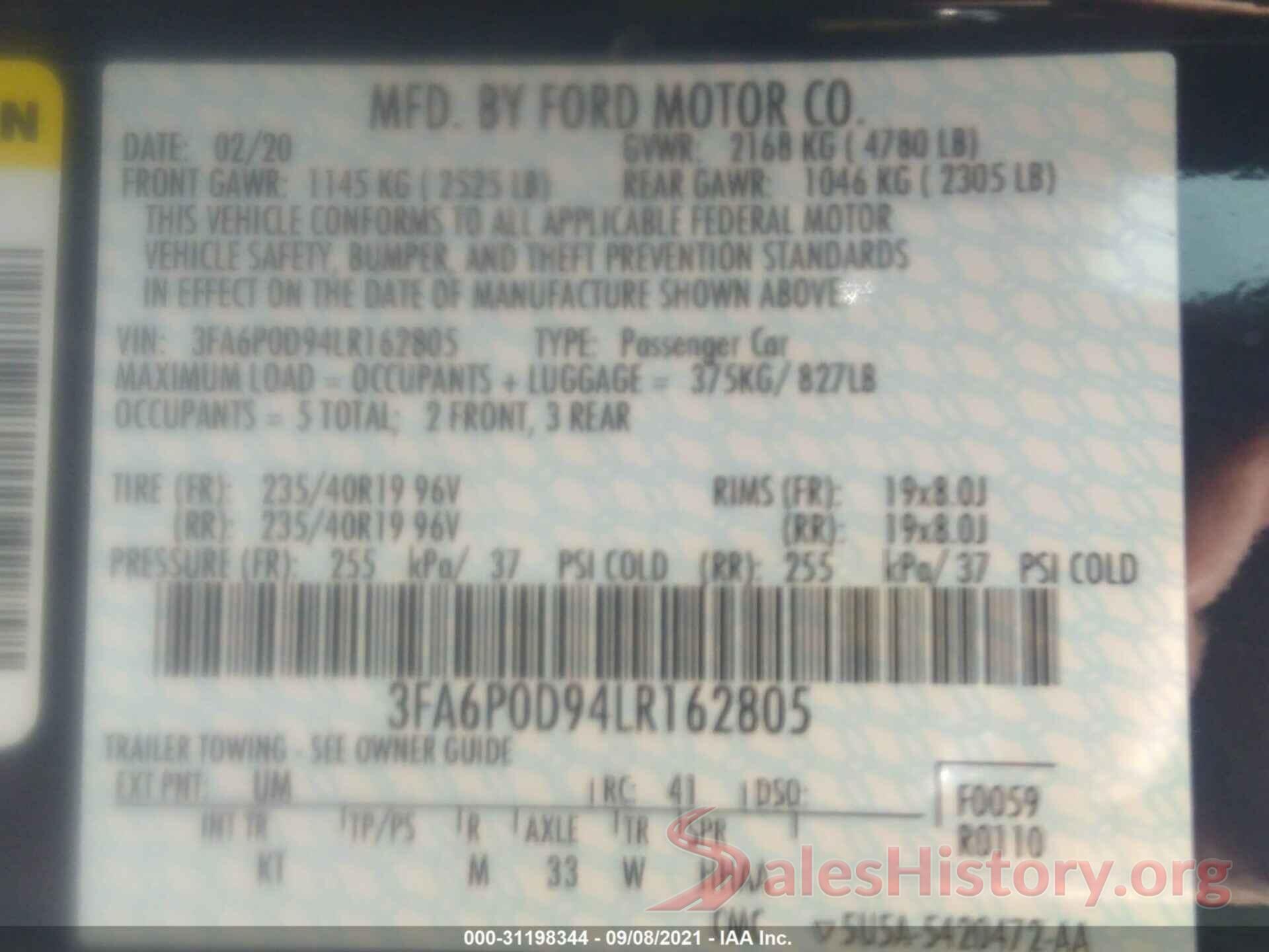 3FA6P0D94LR162805 2020 FORD FUSION