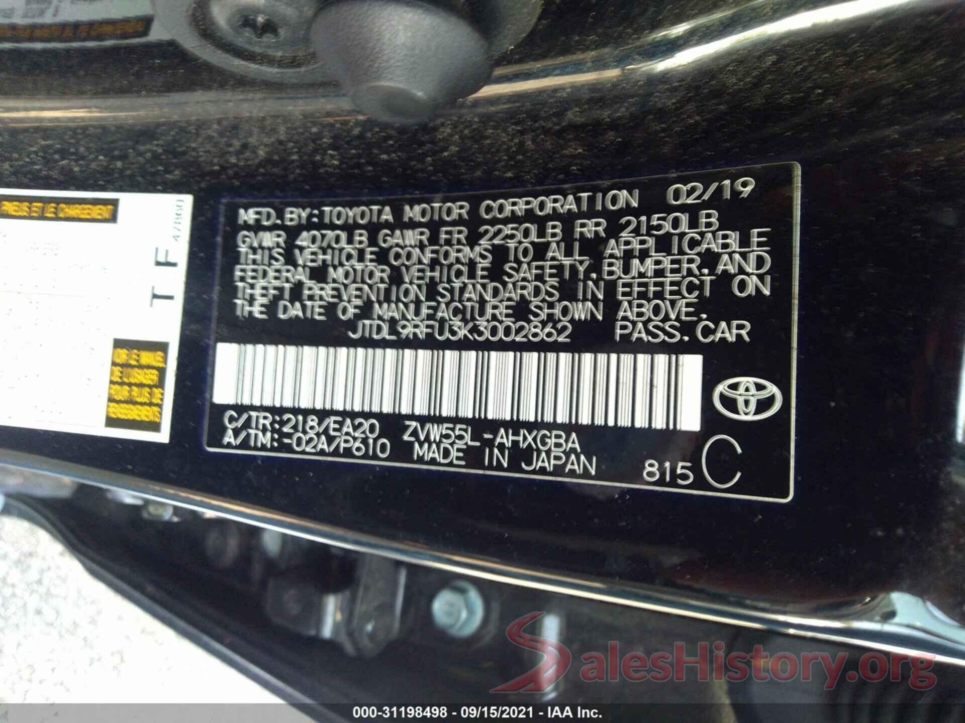 JTDL9RFU3K3002862 2019 TOYOTA PRIUS