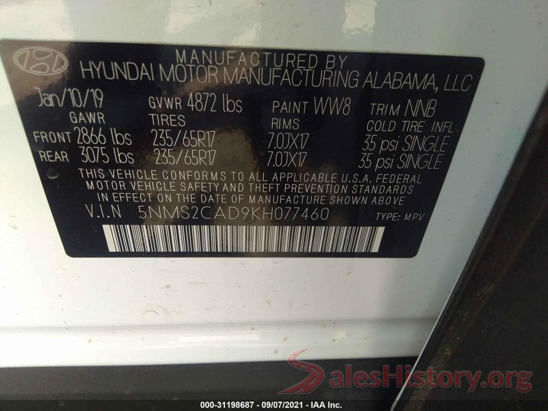 5NMS2CAD9KH077460 2019 HYUNDAI SANTA FE