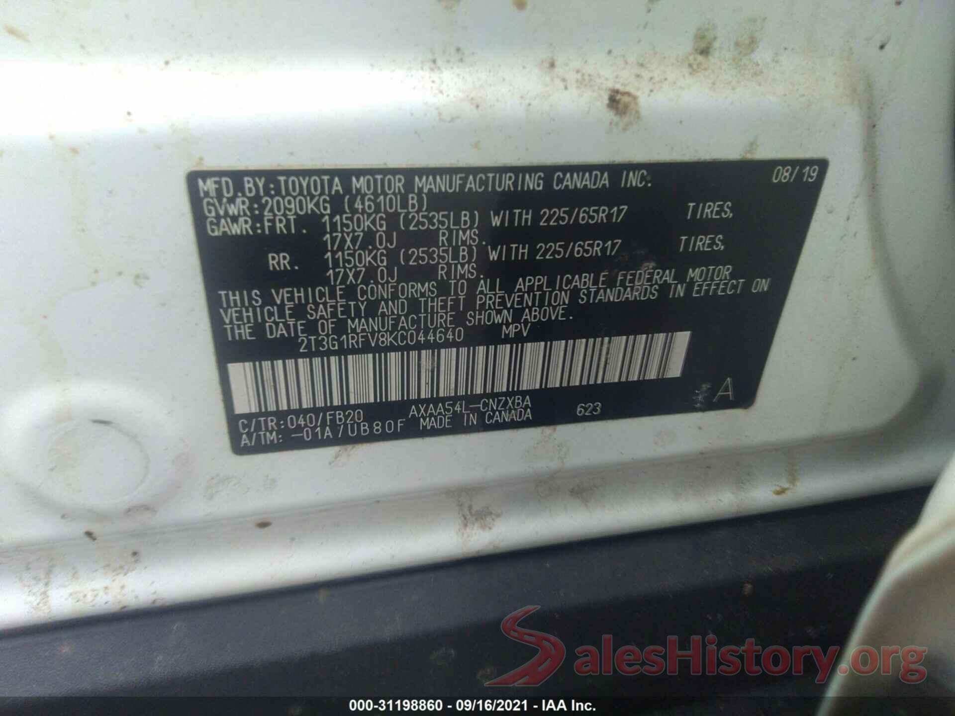 2T3G1RFV8KC044640 2019 TOYOTA RAV4