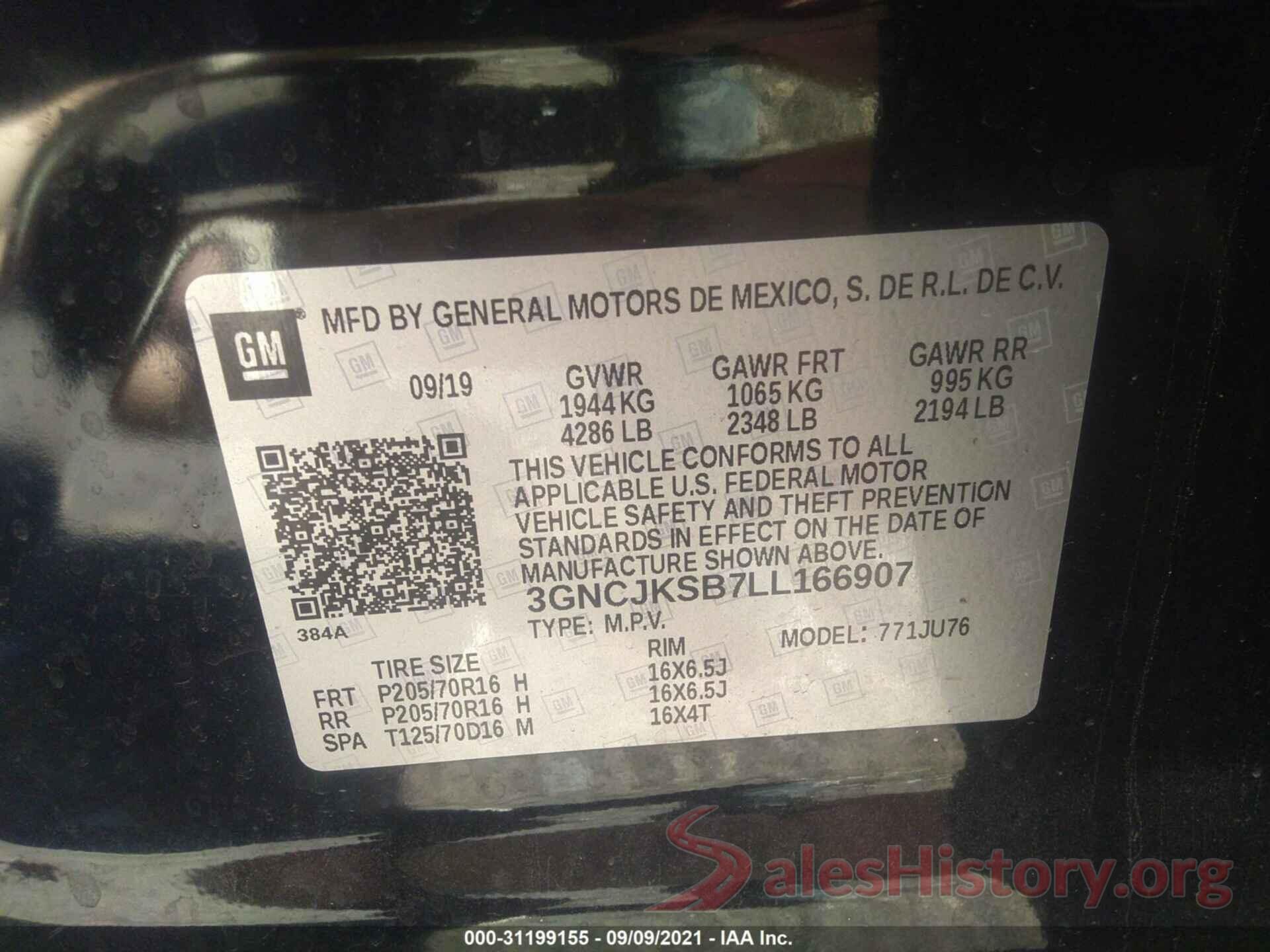 3GNCJKSB7LL166907 2020 CHEVROLET TRAX