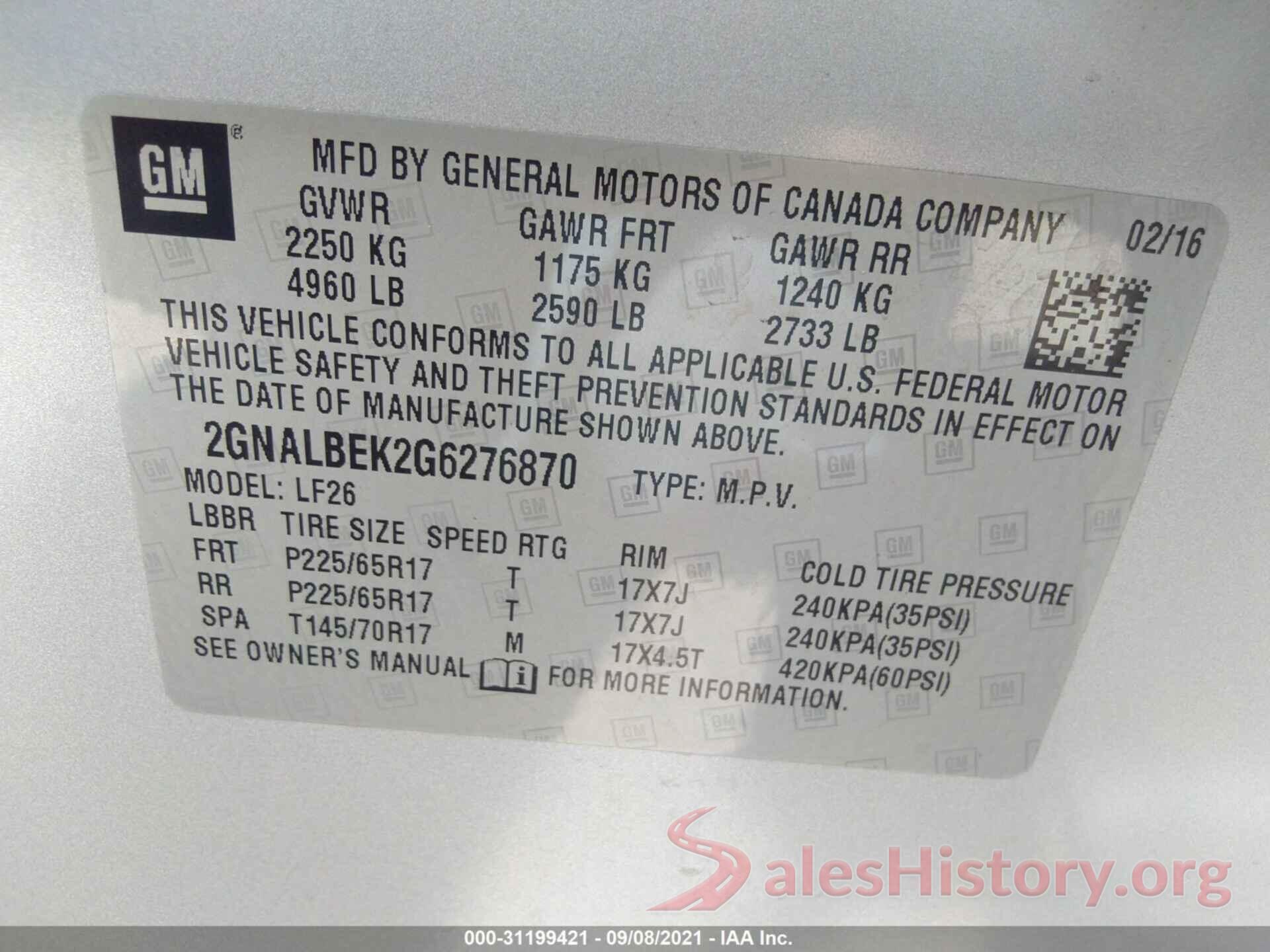 2GNALBEK2G6276870 2016 CHEVROLET EQUINOX