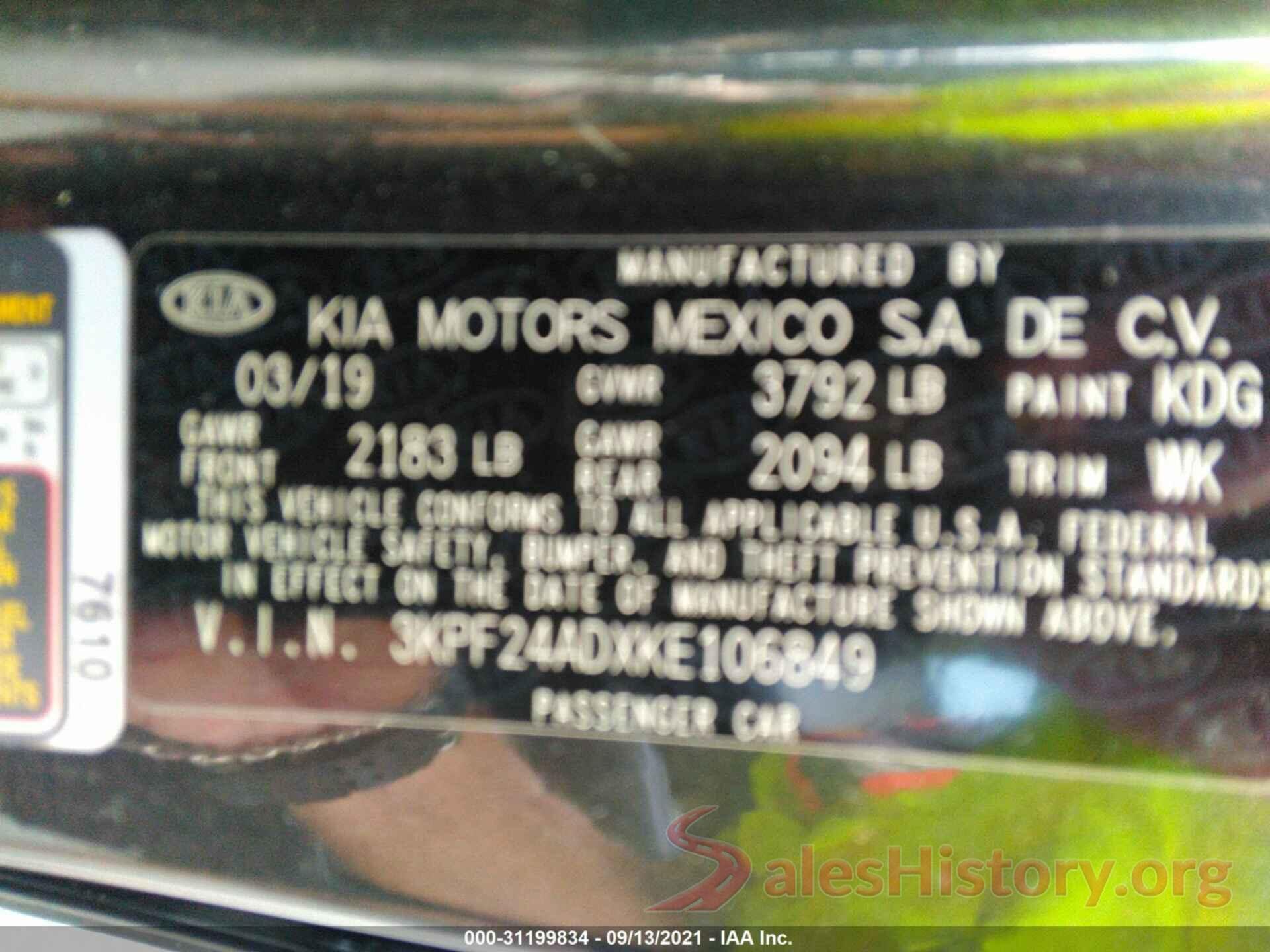 3KPF24ADXKE106849 2019 KIA FORTE