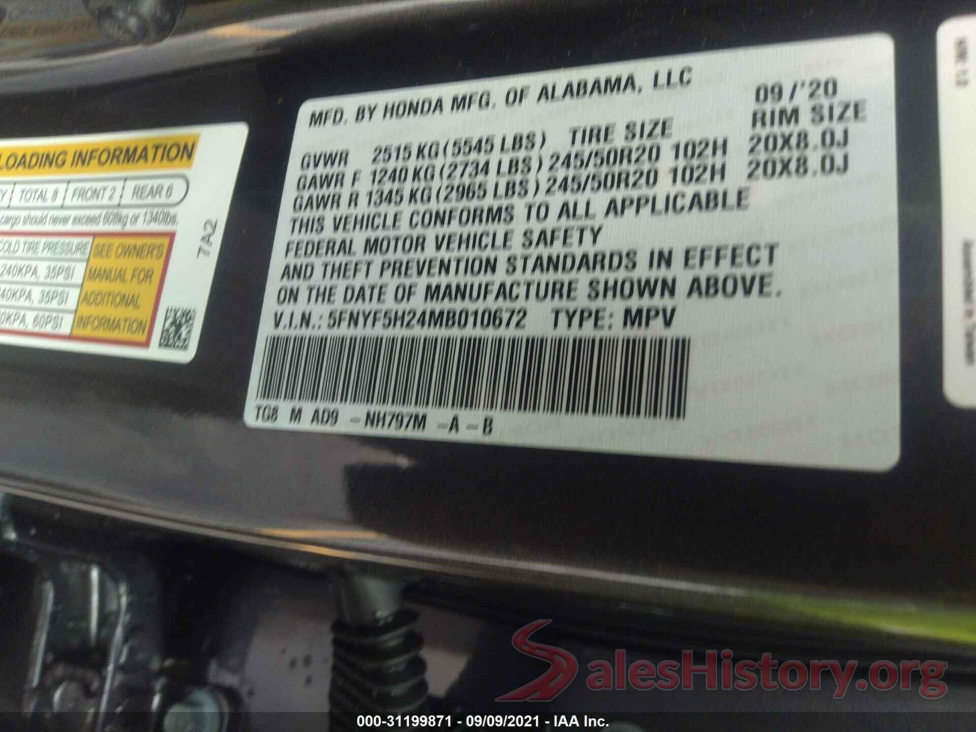 5FNYF5H24MB010672 2021 HONDA PILOT