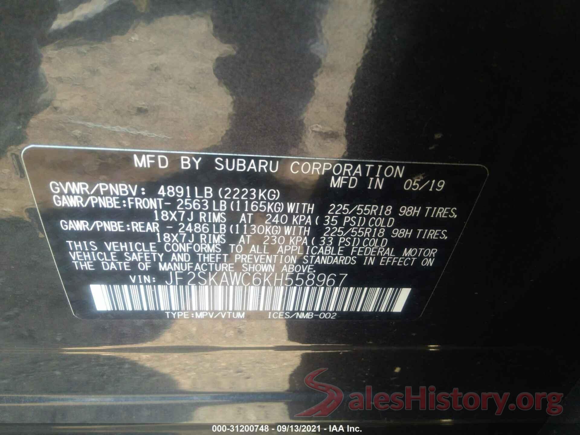 JF2SKAWC6KH558967 2019 SUBARU FORESTER