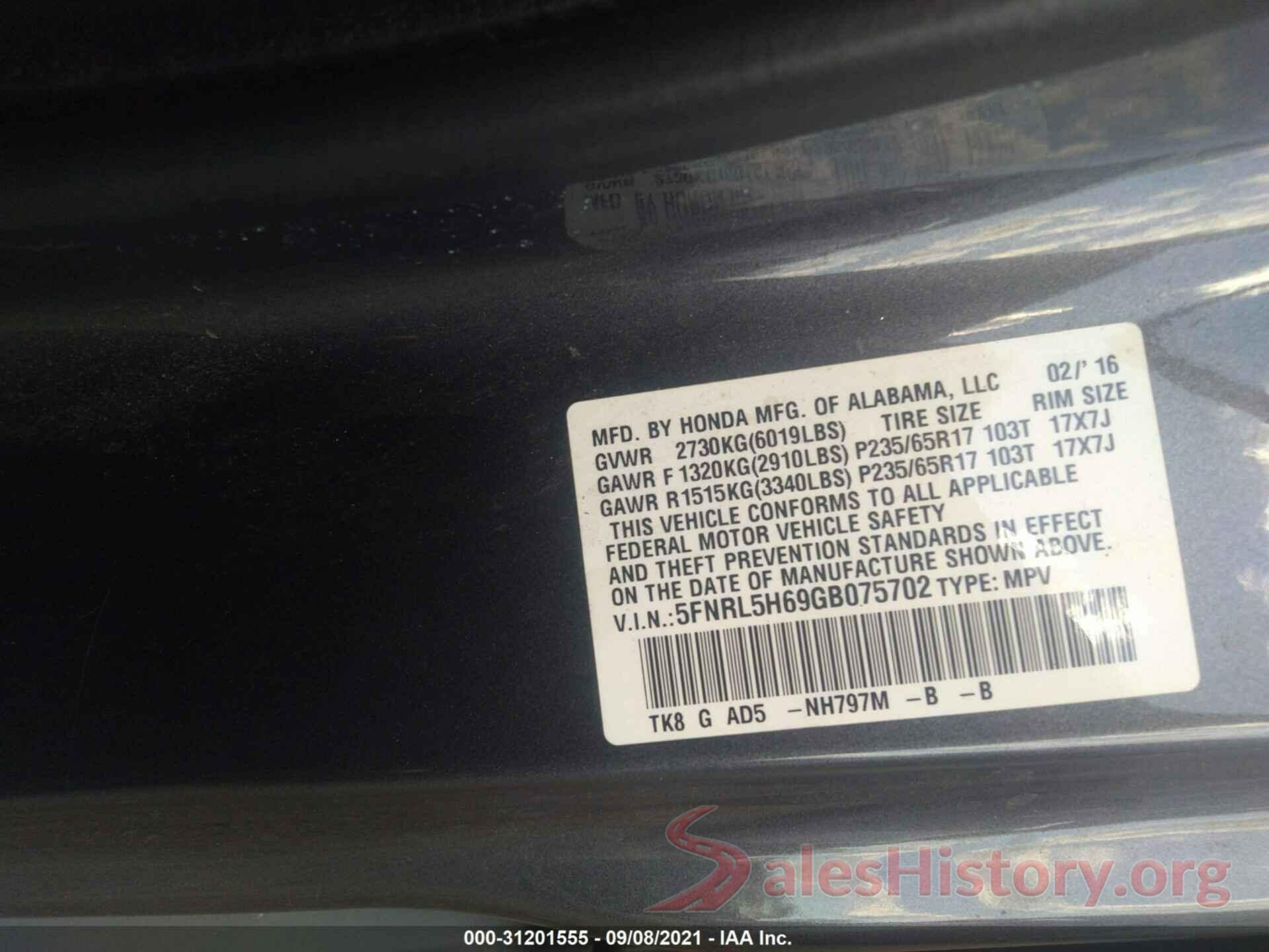 5FNRL5H69GB075702 2016 HONDA ODYSSEY