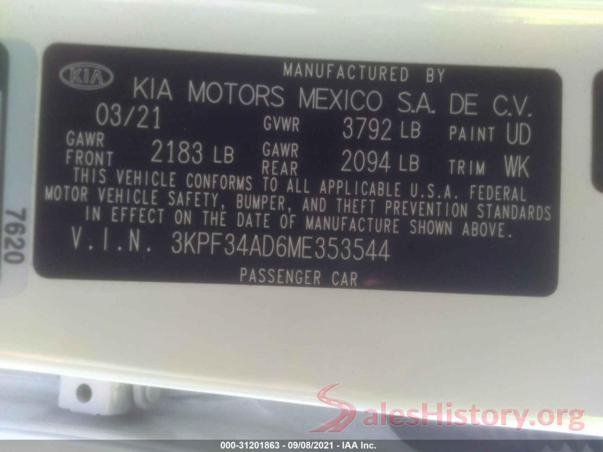 3KPF34AD6ME353544 2021 KIA FORTE