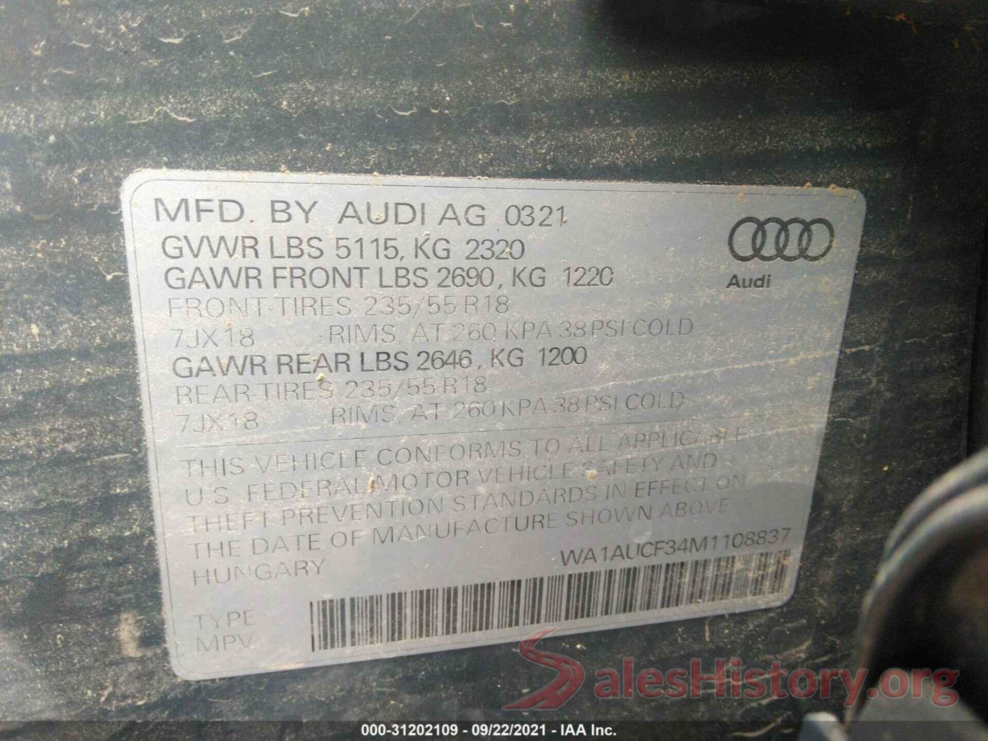 WA1AUCF34M1108837 2021 AUDI Q3