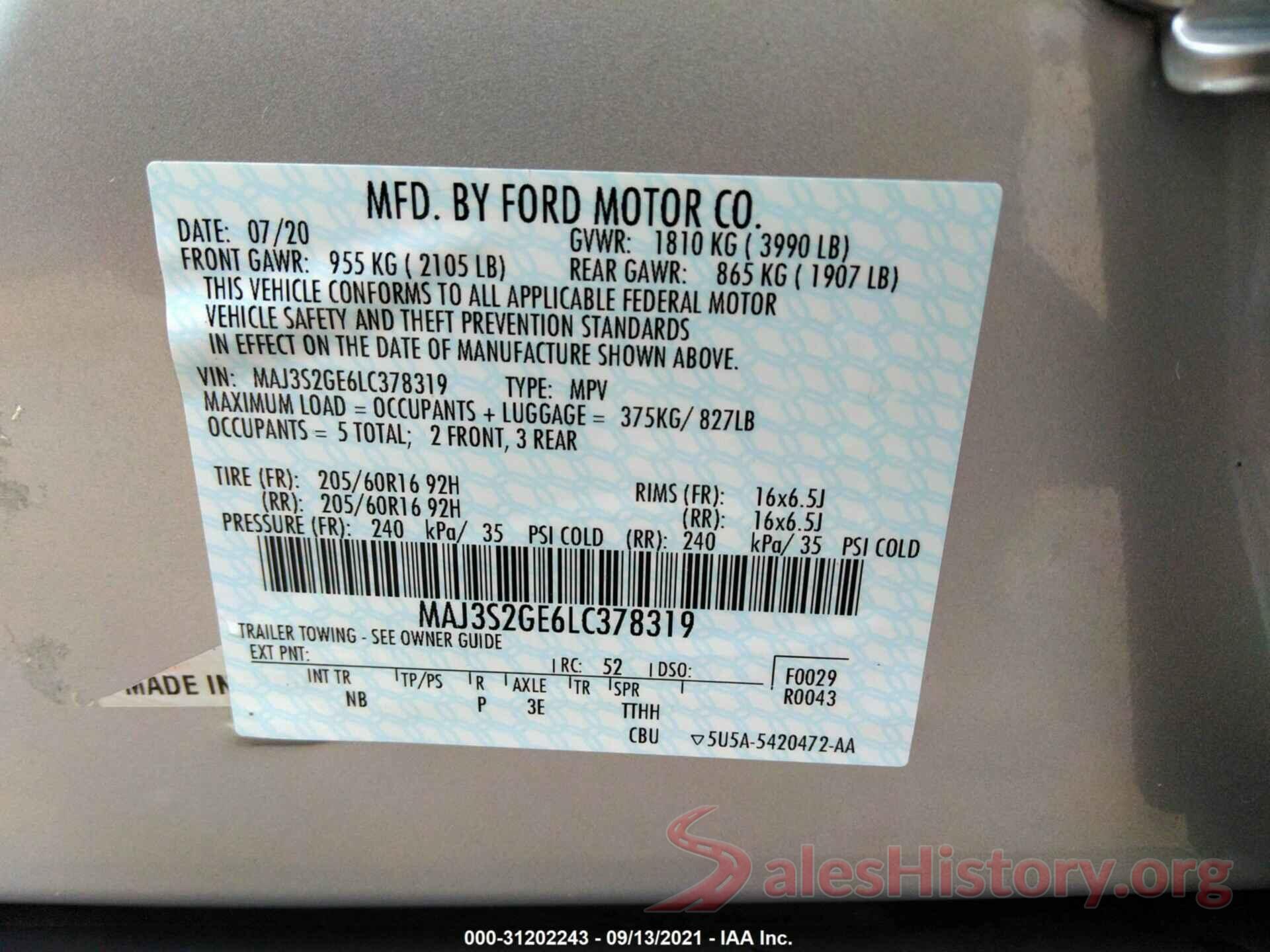 MAJ3S2GE6LC378319 2020 FORD ECOSPORT