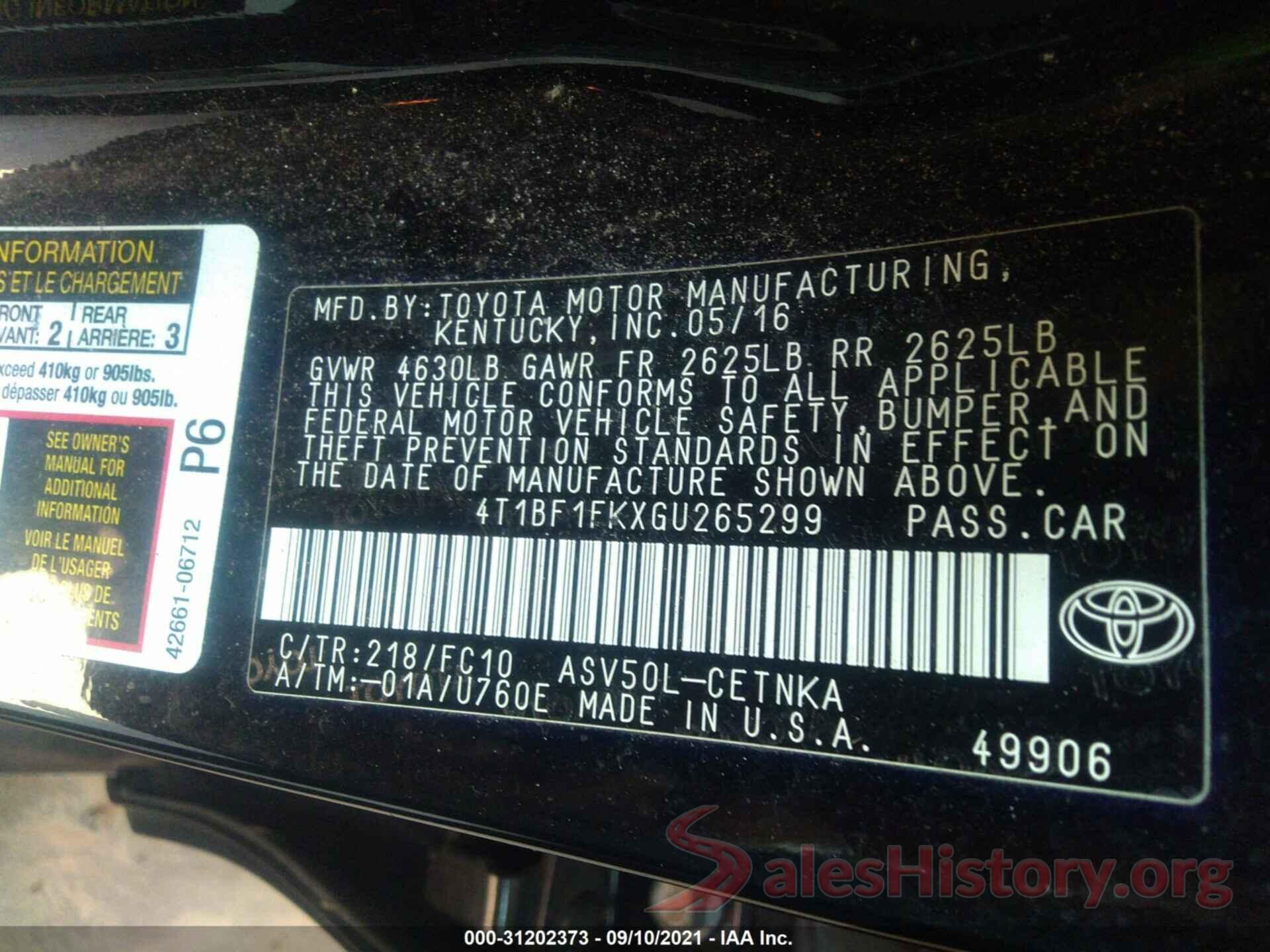 4T1BF1FKXGU265299 2016 TOYOTA CAMRY