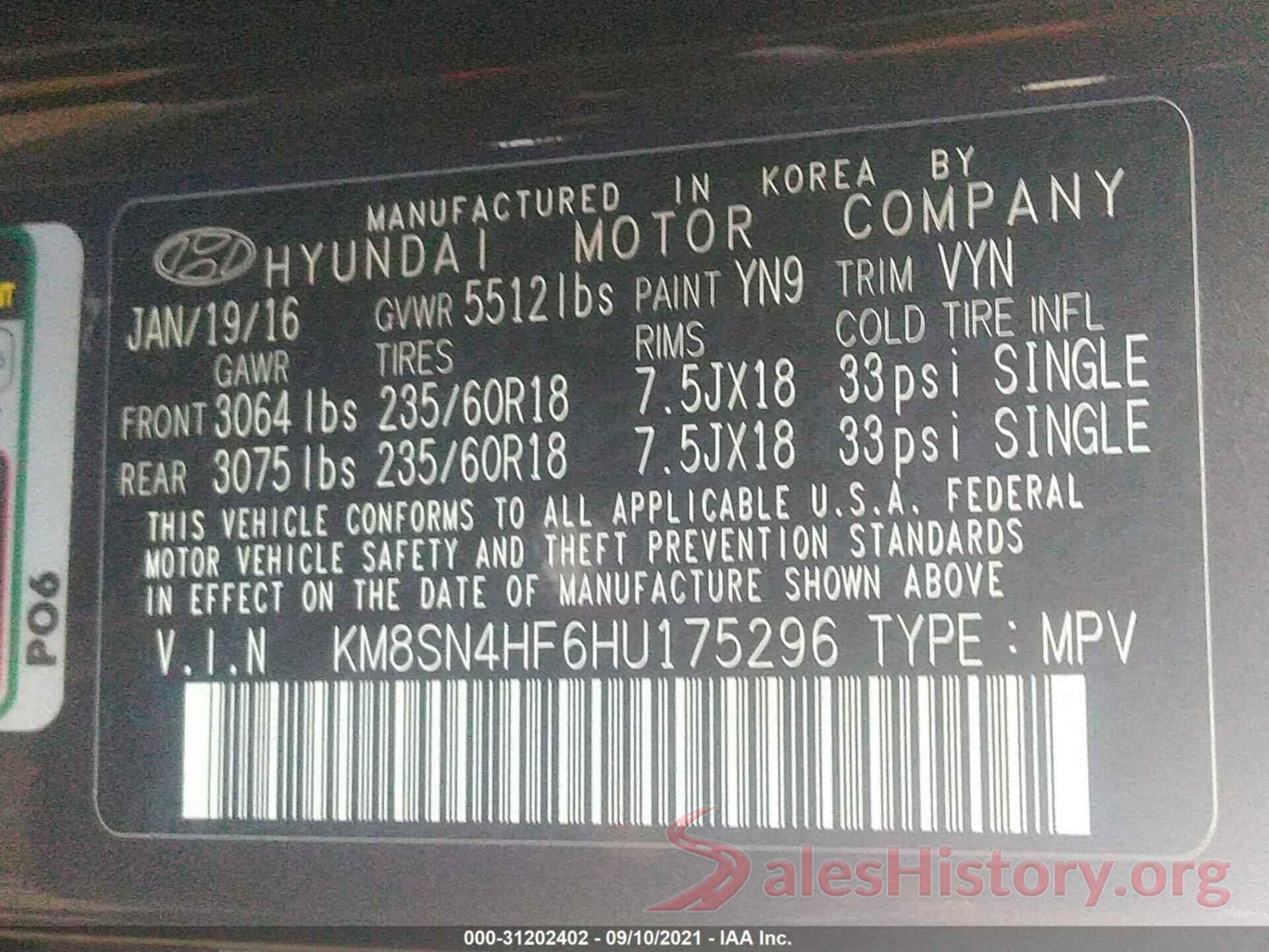 KM8SN4HF6HU175296 2017 HYUNDAI SANTA FE