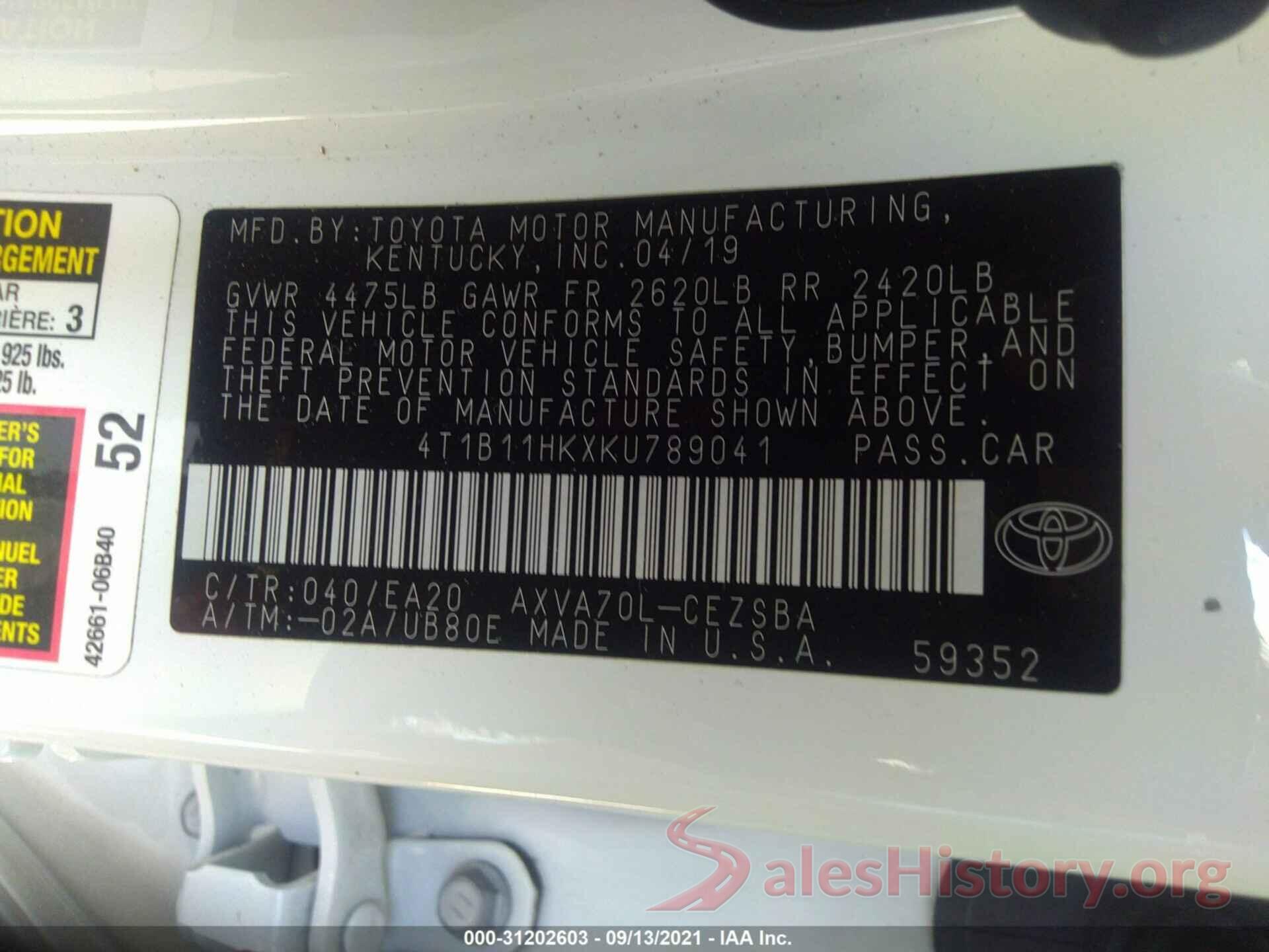 4T1B11HKXKU789041 2019 TOYOTA CAMRY