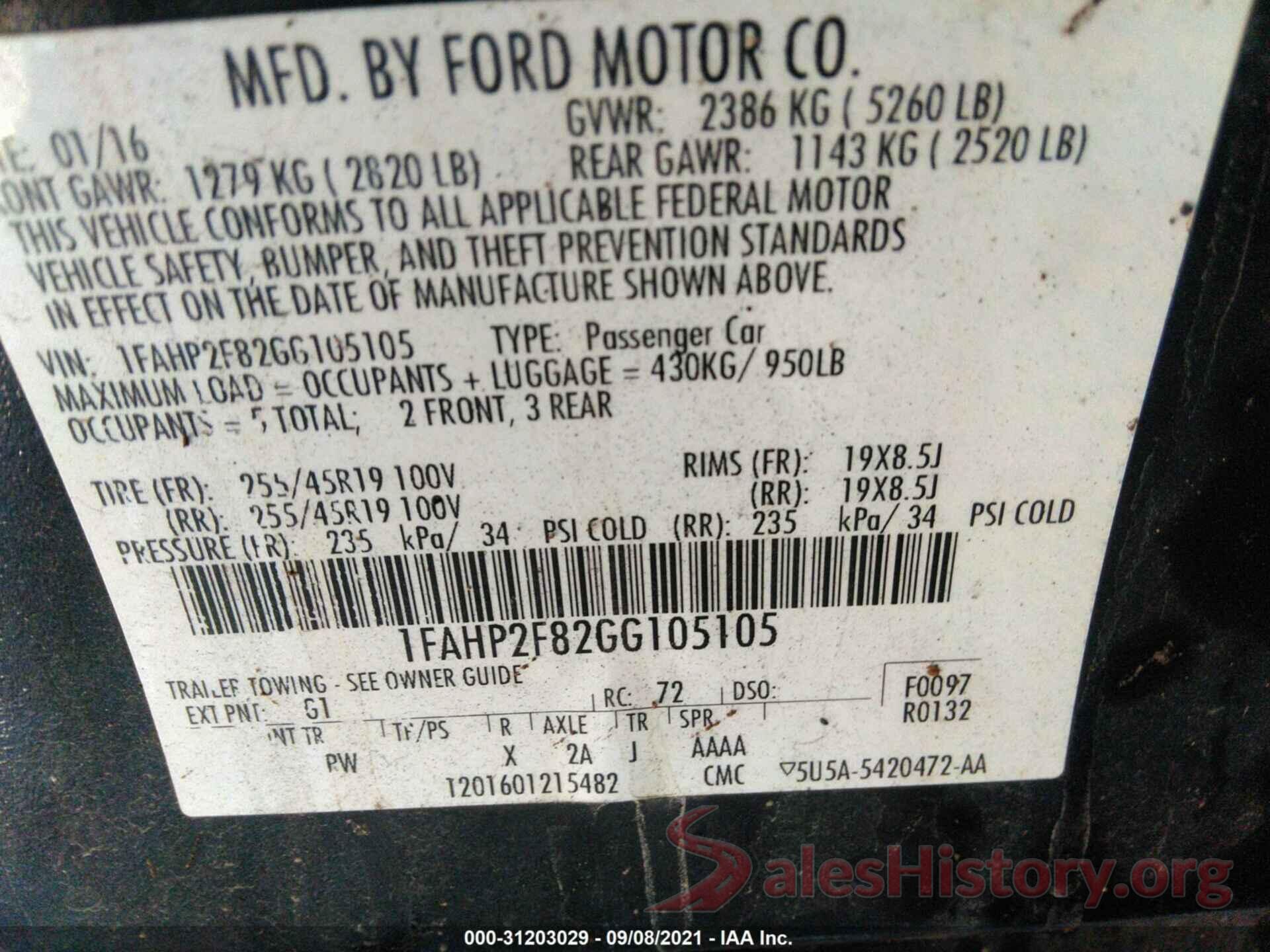 1FAHP2F82GG105105 2016 FORD TAURUS