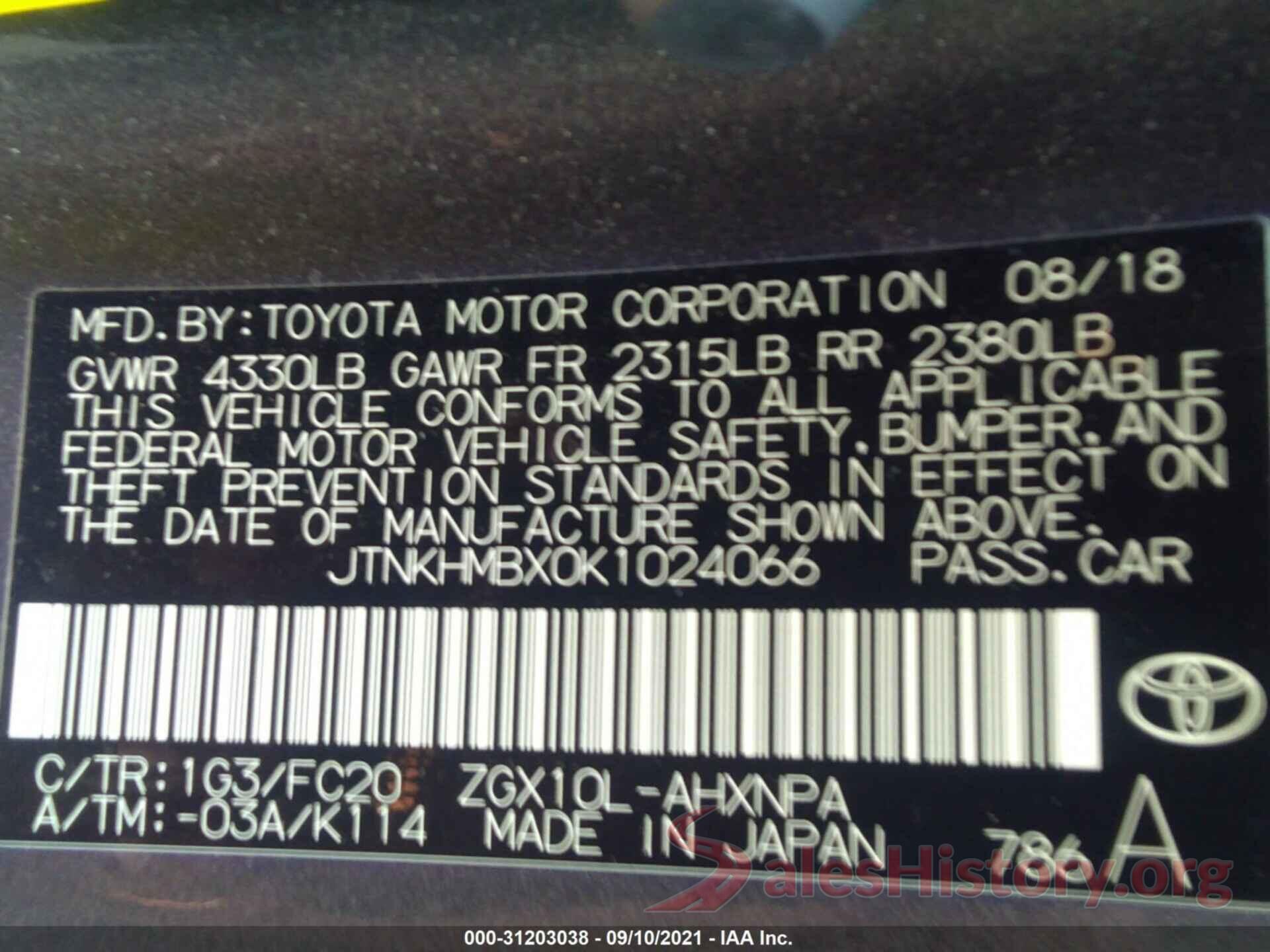 JTNKHMBX0K1024066 2019 TOYOTA C-HR