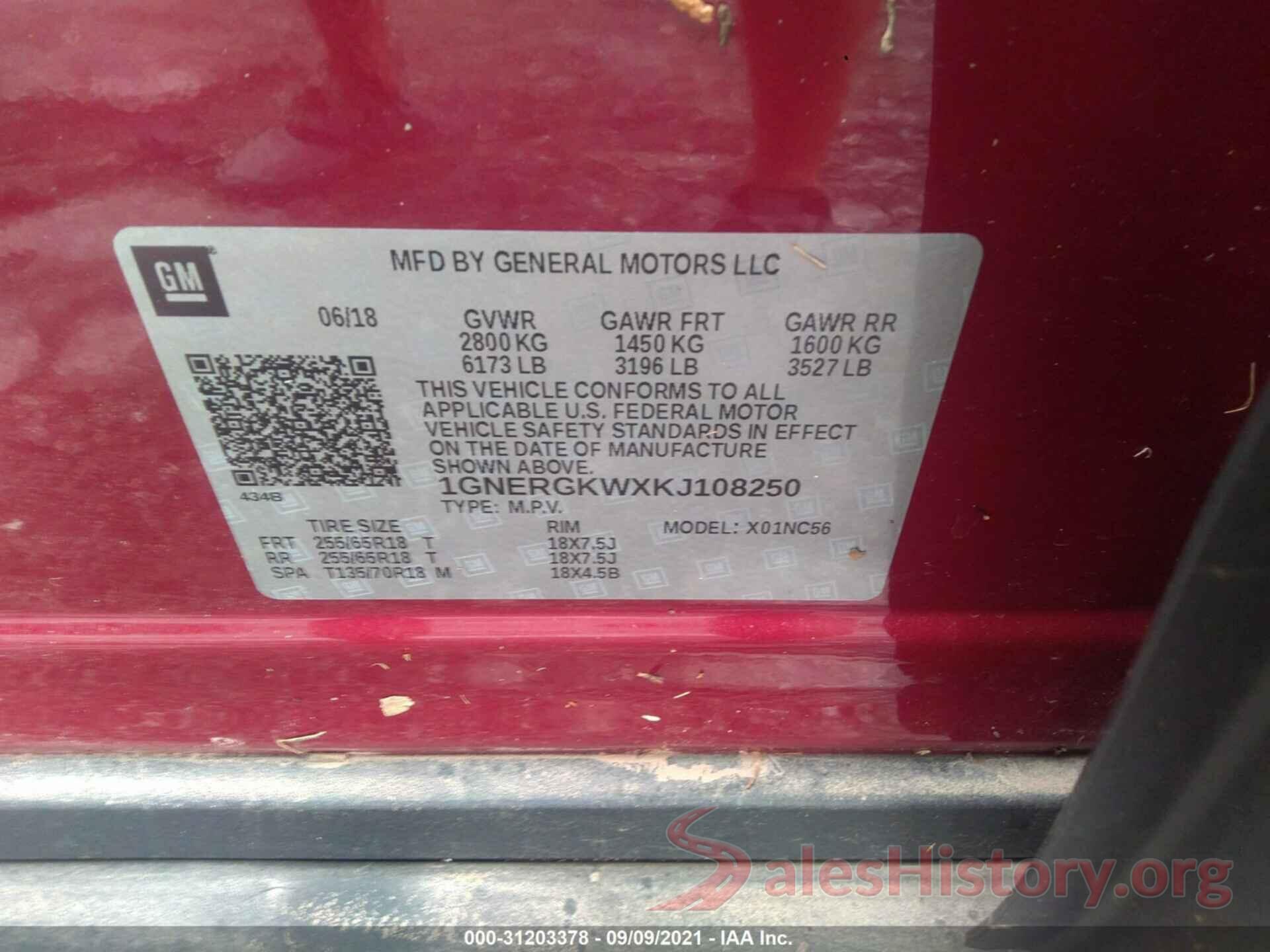 1GNERGKWXKJ108250 2019 CHEVROLET TRAVERSE