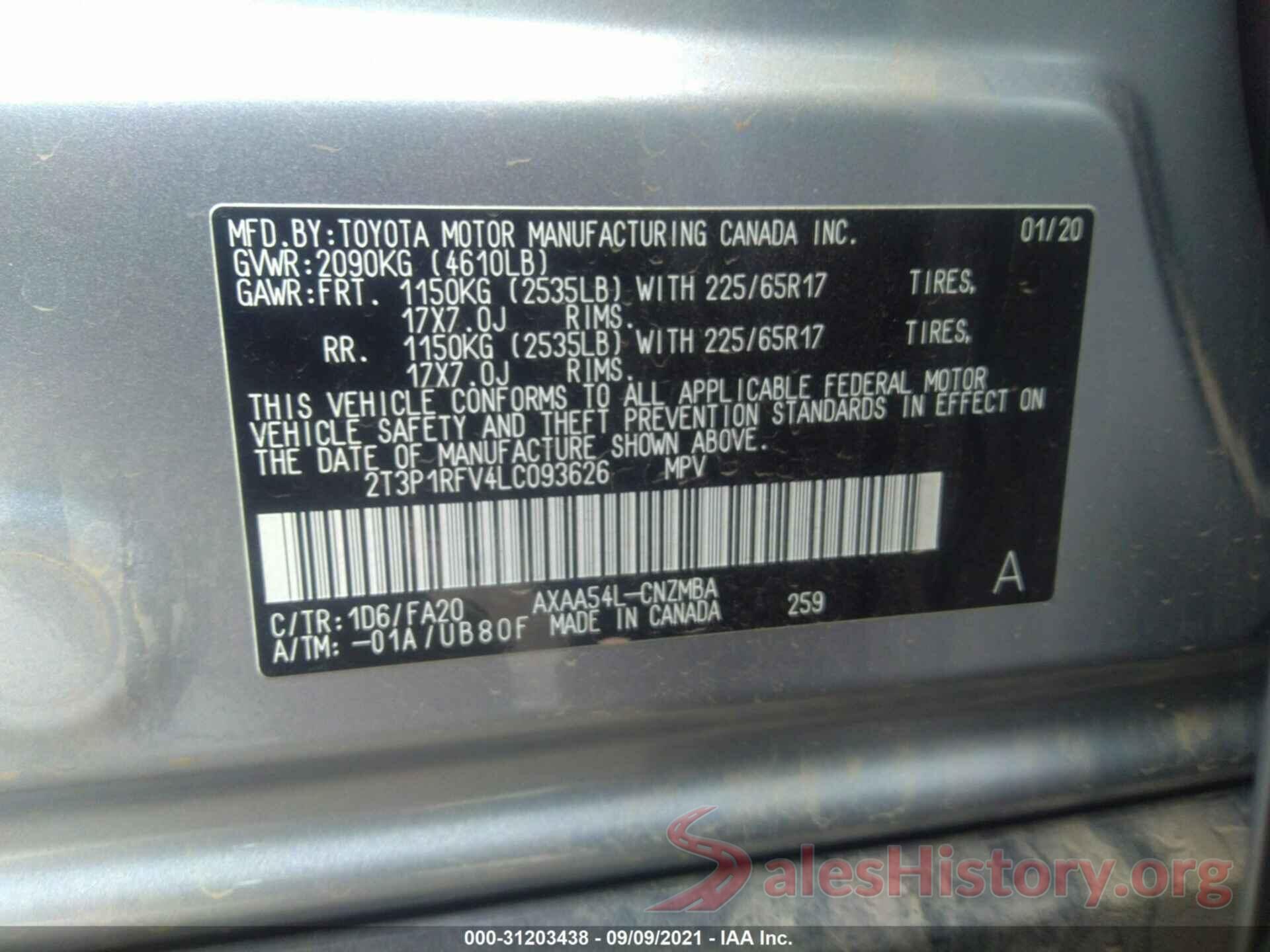 2T3P1RFV4LC093626 2020 TOYOTA RAV4