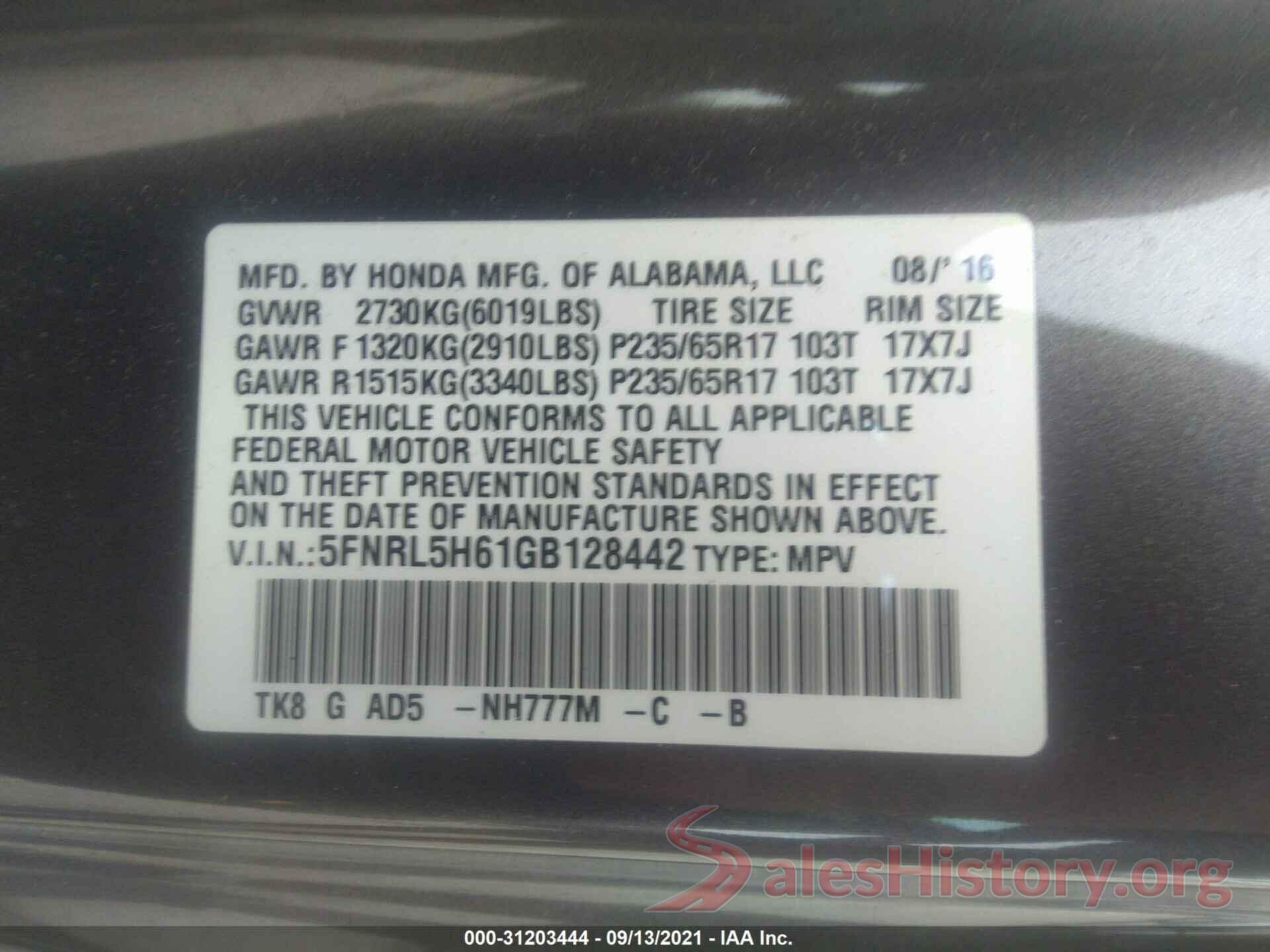 5FNRL5H61GB128442 2016 HONDA ODYSSEY