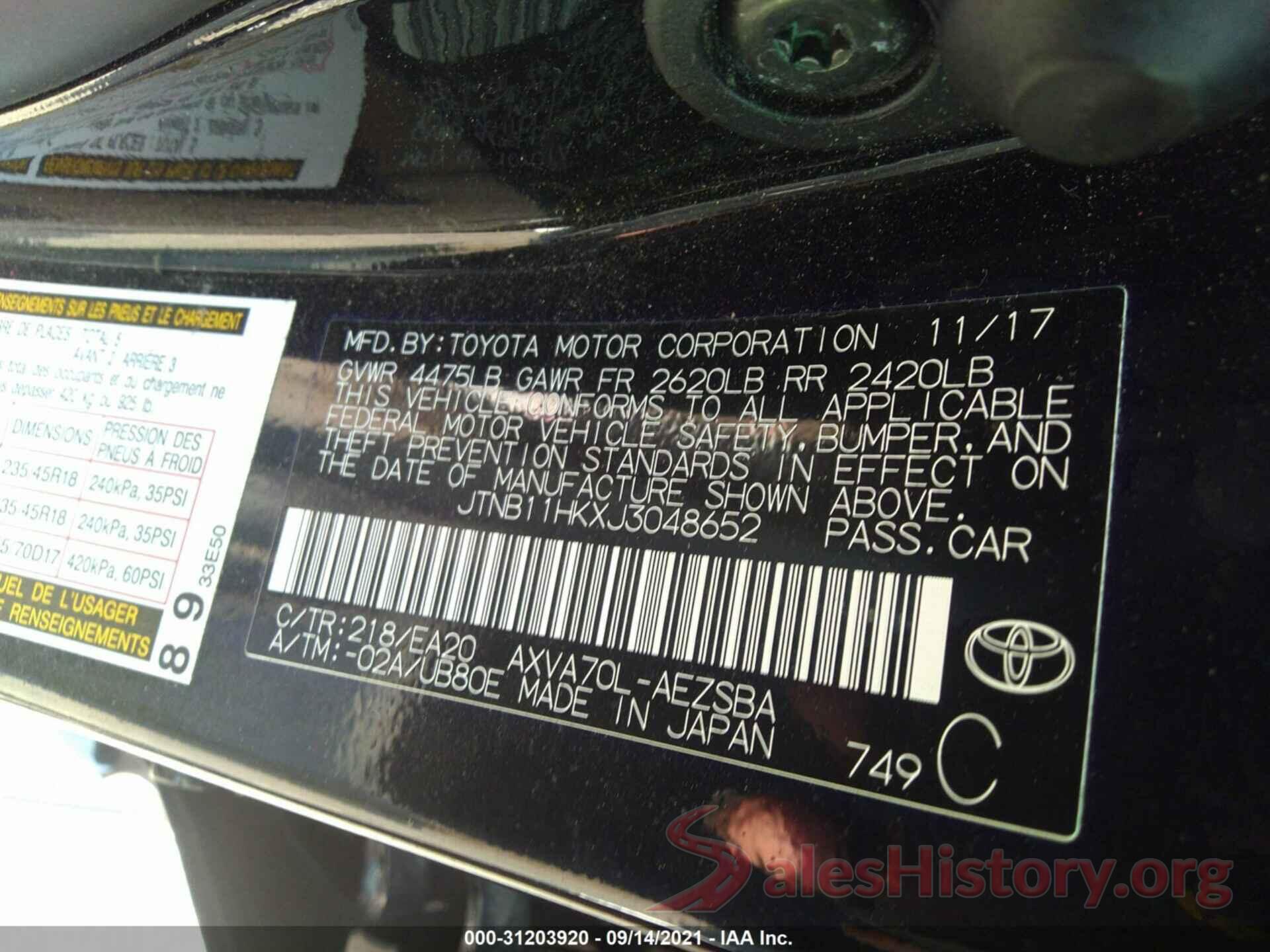 JTNB11HKXJ3048652 2018 TOYOTA CAMRY