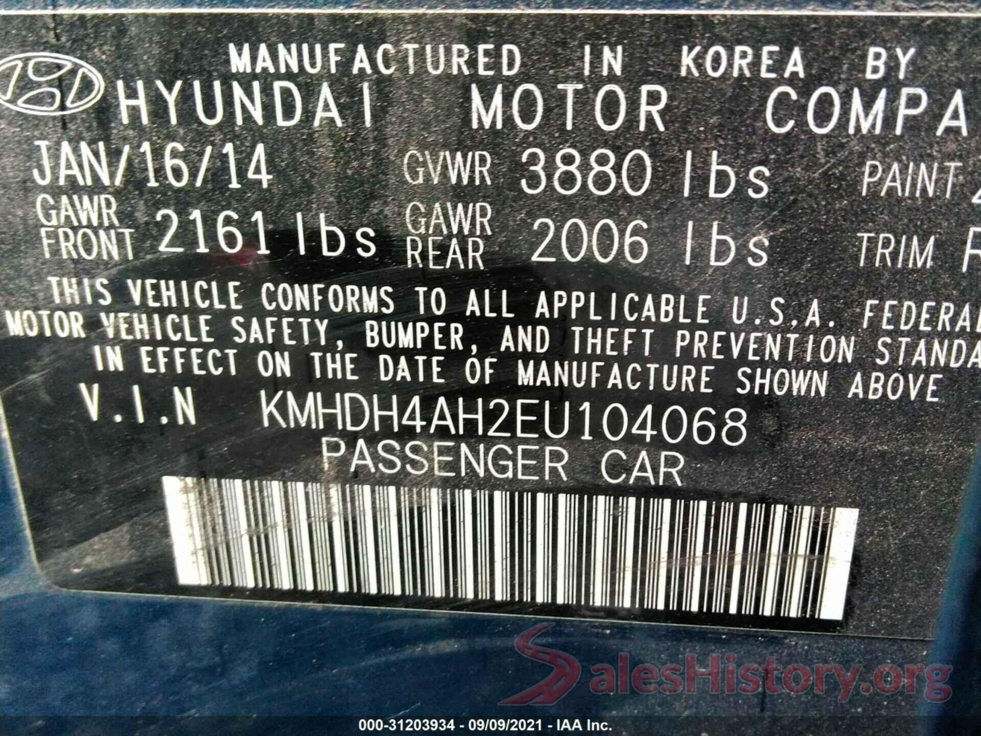 KMHDH4AH2EU104068 2014 HYUNDAI ELANTRA