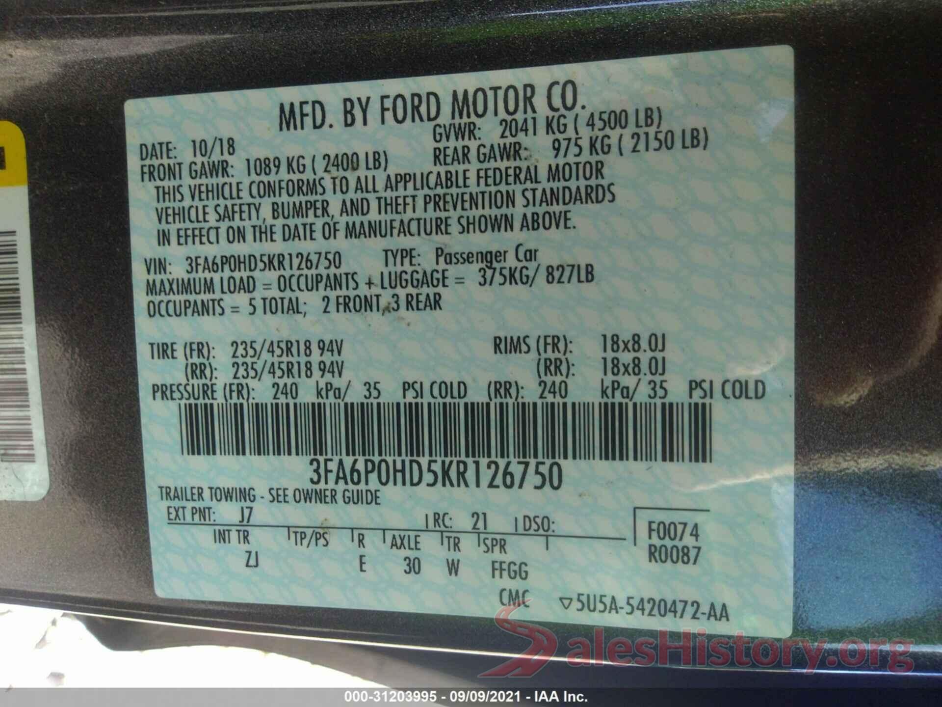 3FA6P0HD5KR126750 2019 FORD FUSION