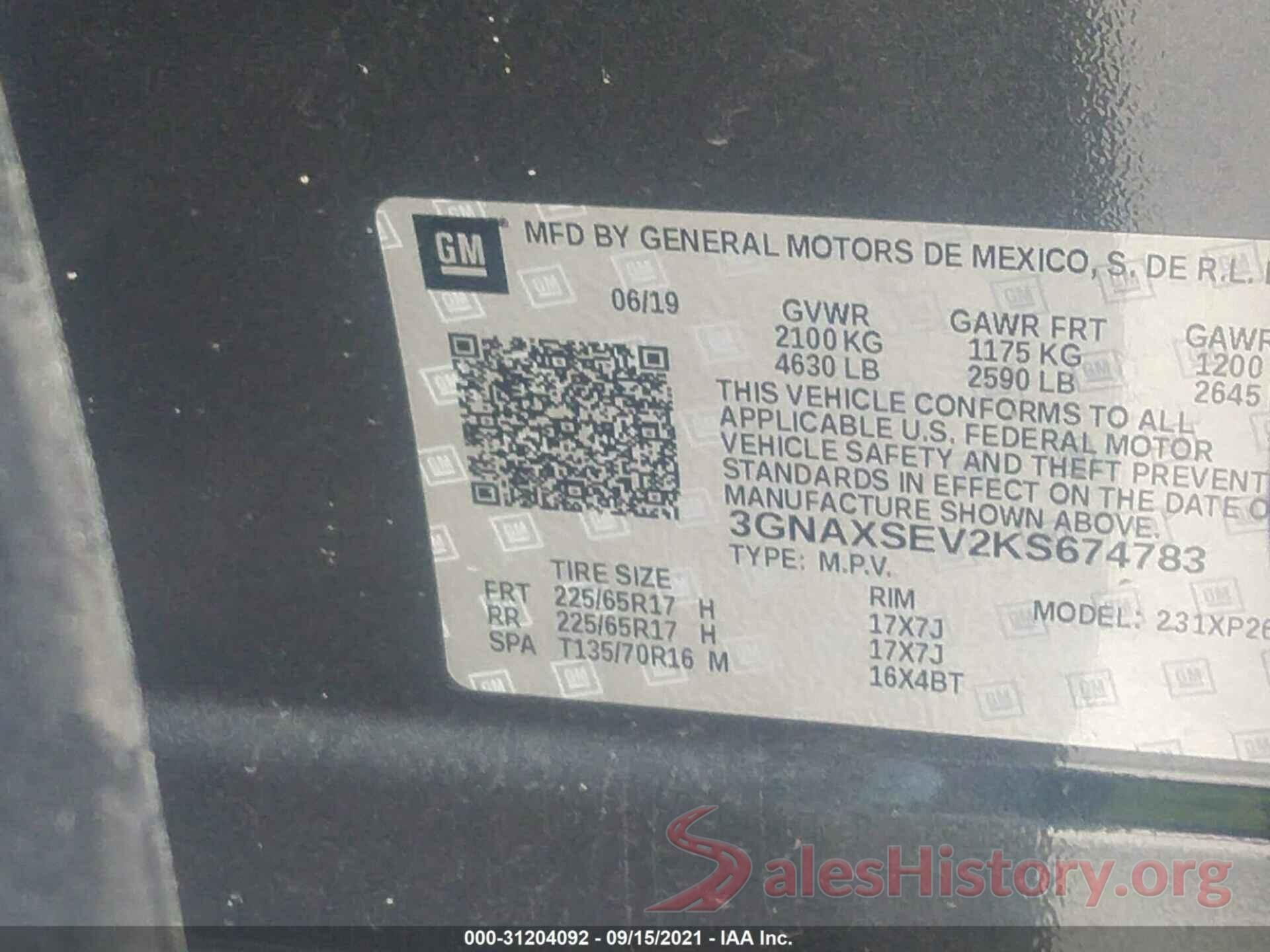 3GNAXSEV2KS674783 2019 CHEVROLET EQUINOX