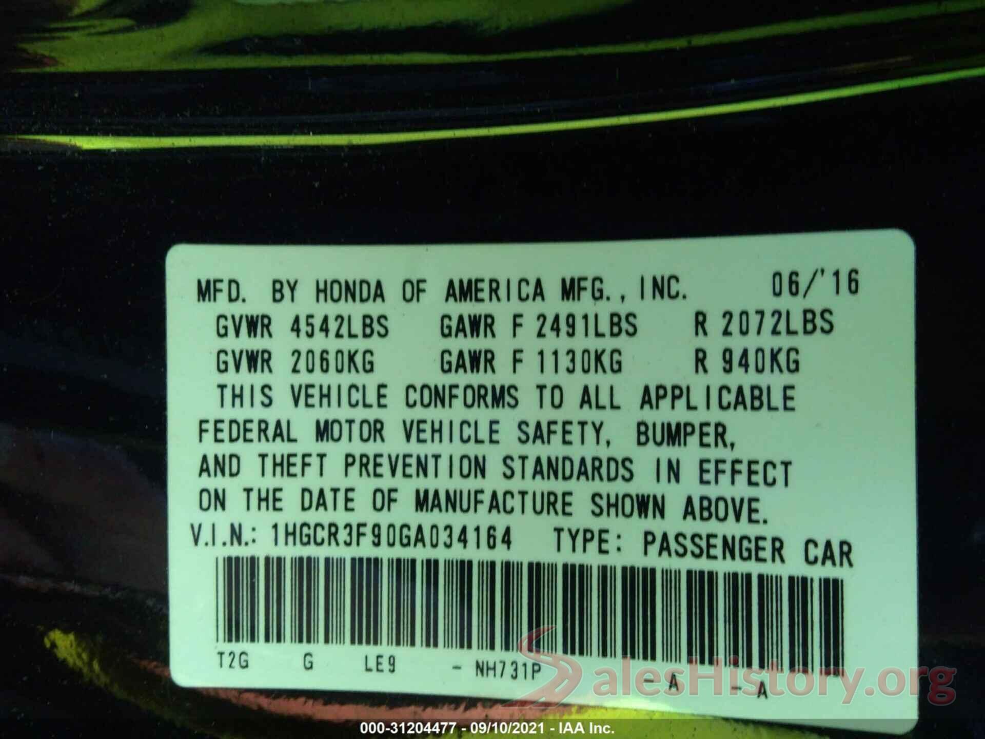 1HGCR3F90GA034164 2016 HONDA ACCORD SEDAN