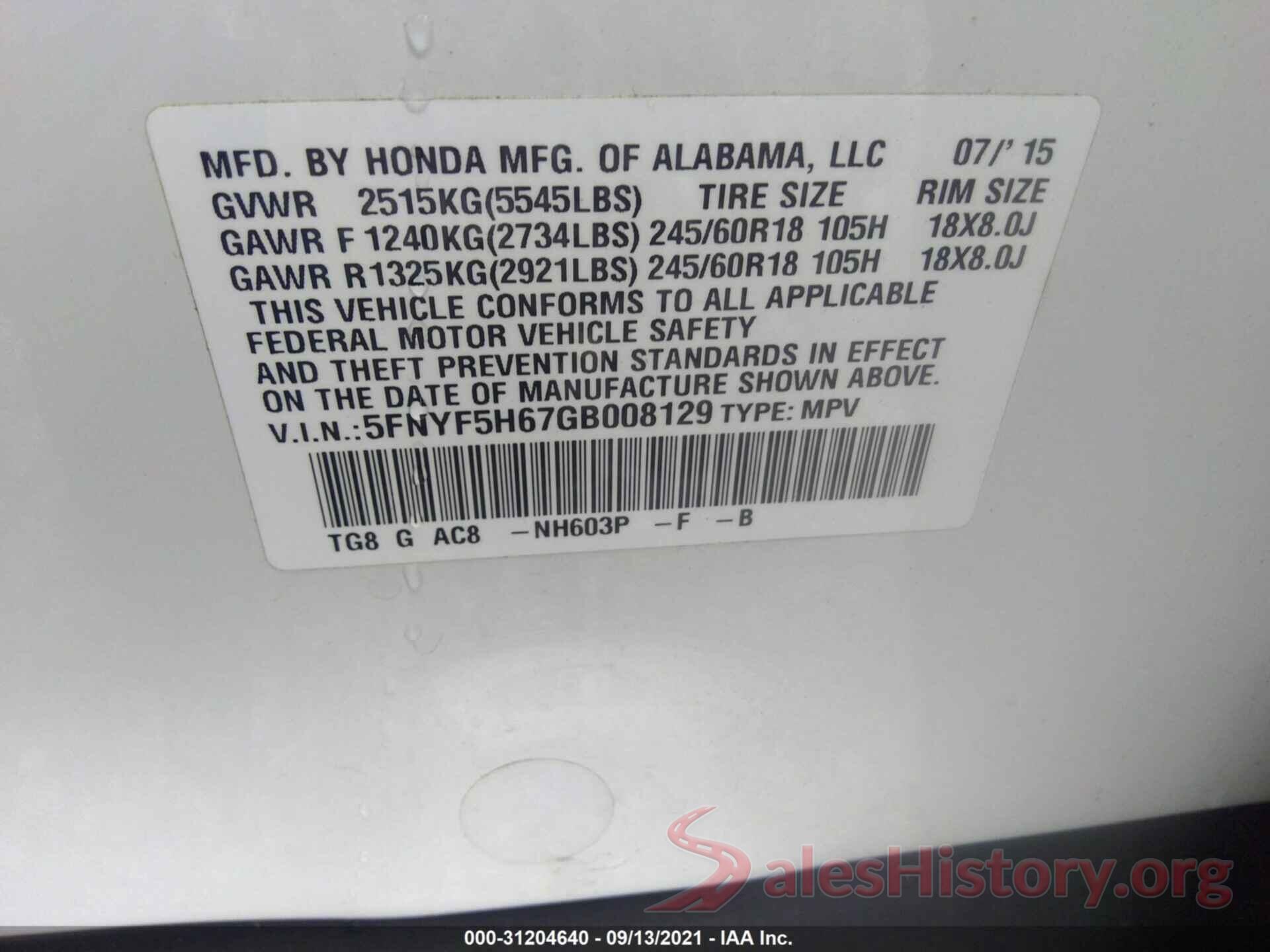 5FNYF5H67GB008129 2016 HONDA PILOT