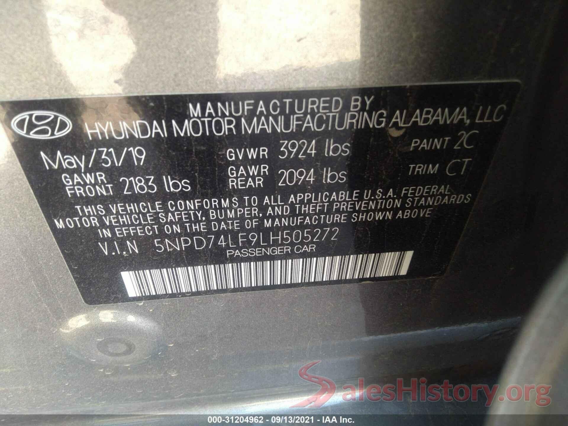 5NPD74LF9LH505272 2020 HYUNDAI ELANTRA