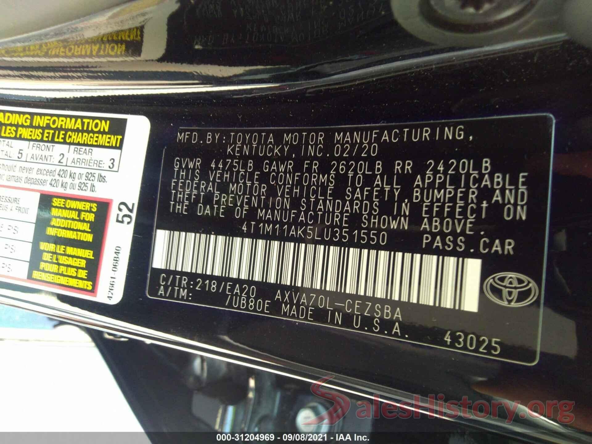 4T1M11AK5LU351550 2020 TOYOTA CAMRY