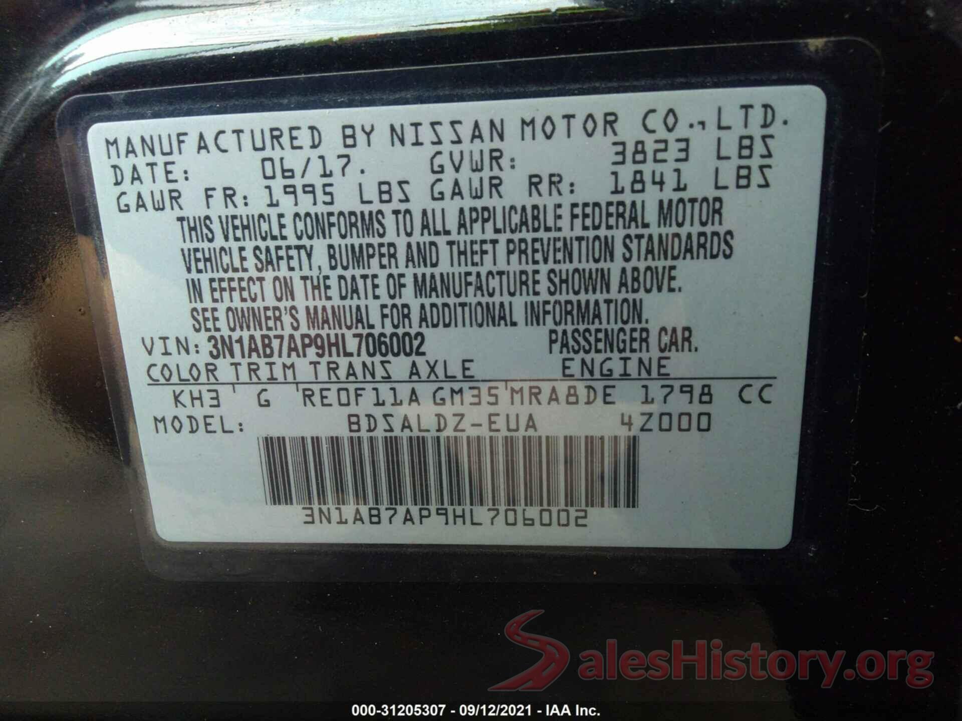 3N1AB7AP9HL706002 2017 NISSAN SENTRA