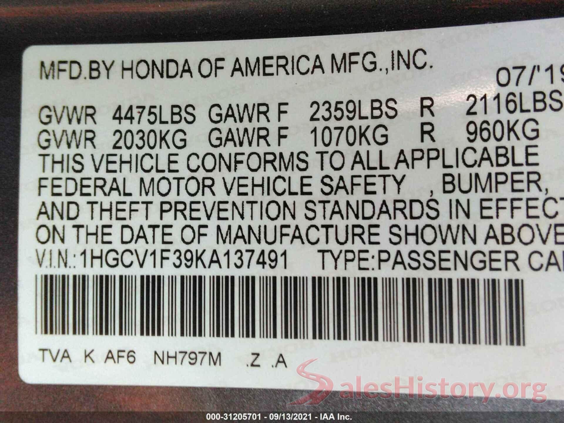 1HGCV1F39KA137491 2019 HONDA ACCORD SEDAN