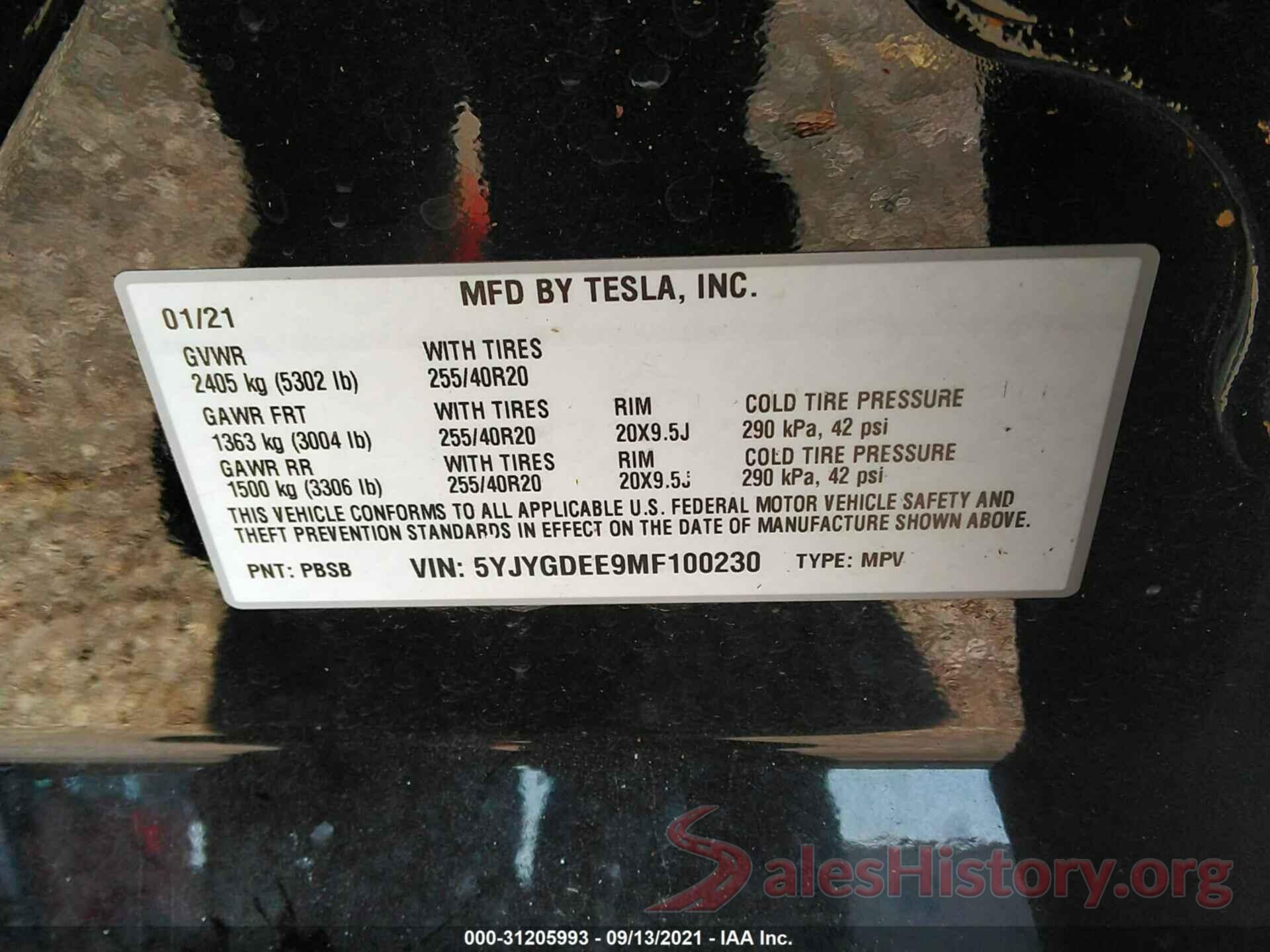 5YJYGDEE9MF100230 2021 TESLA MODEL Y